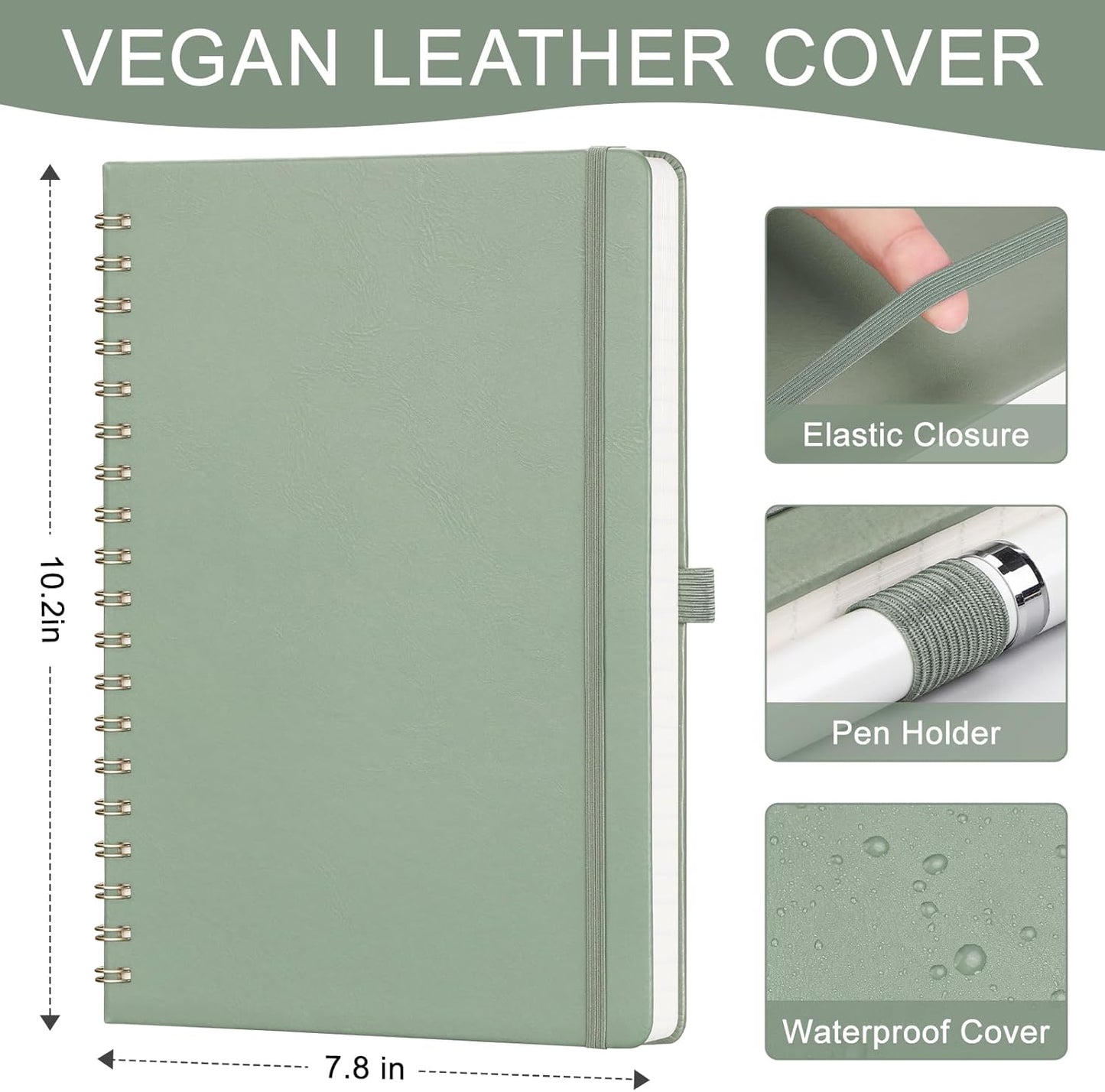 AHGXG Lined Spiral Journal Notebook, B5 Large Notebooks for Women Men, 140 Pages Hardcover Leather Notebook College Ruled, 100 GSM Paper, Notebooks for Work School Note Taking, 7.6" x 10", Sage Green