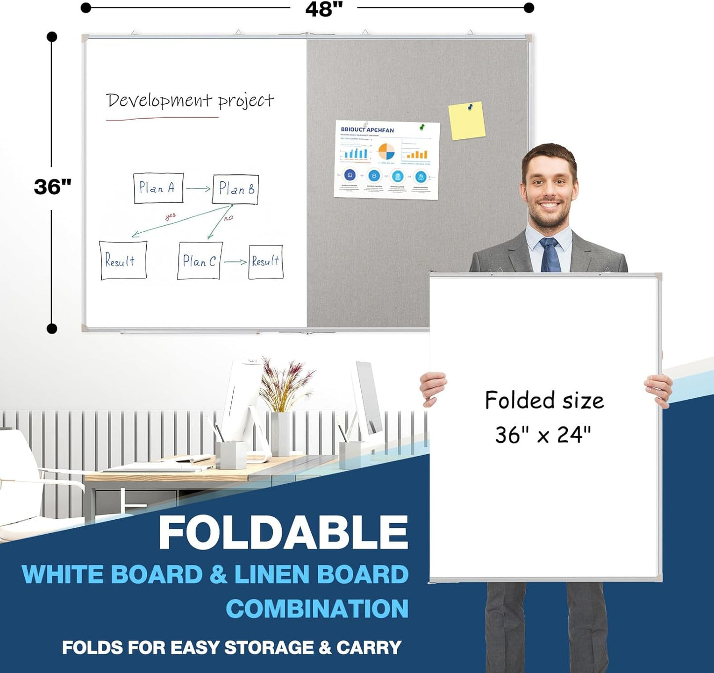 Large White Board Dry Erase Foldable Bulletin Board Combo, 48" x 36" Double Sided Dry Erase Board for Wall, Magnetic Whiteboard Bulletin Board with Linen for Office, Home, School, Kitchen -Gray