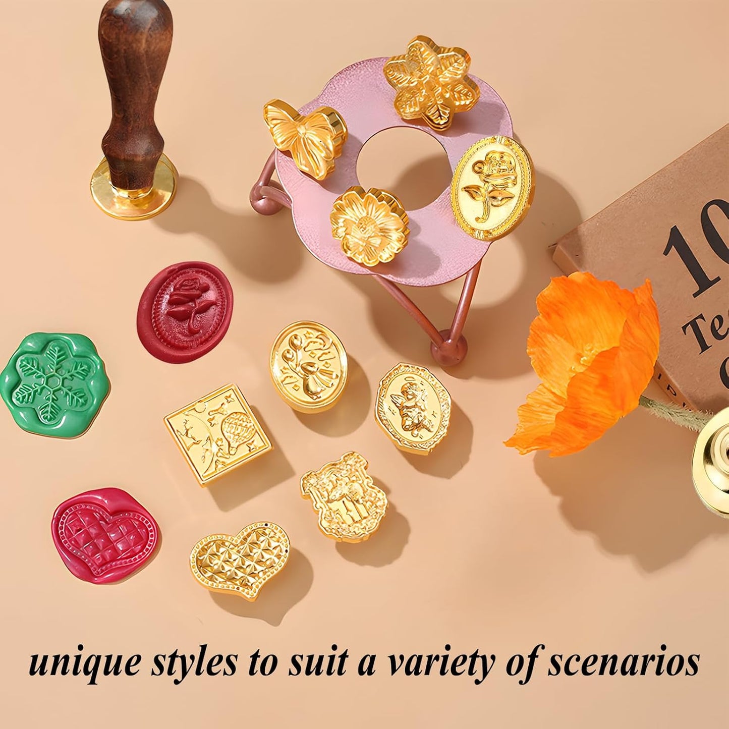 Wax Seal Stamp Kit- 9Pcs Vintage Brass Sealing Wax Stamps Head with Wooden Handle for Gift Wedding Invitations Cards Envelopes Seals(Heart,Bunny,Rose, Bowknot,Balloon,Sunflower,Angel,Snowflake,Window)