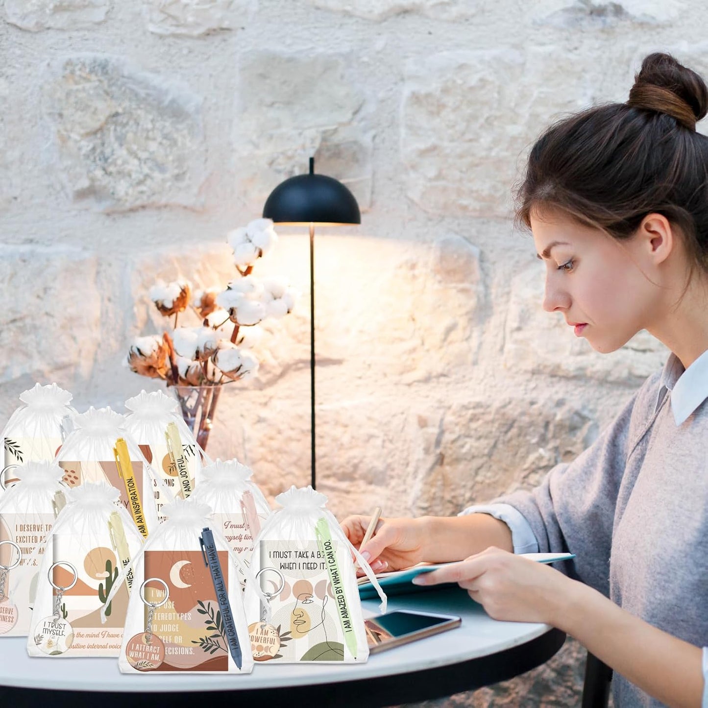 72 Pcs/24 Set Positive Affirmation Gift Set Gratitude Notebooks with Affirmation Pens Acrylic Keychains Small Bags Motivational Notepads for Women Coworkers Adults Party Favors(Boho)