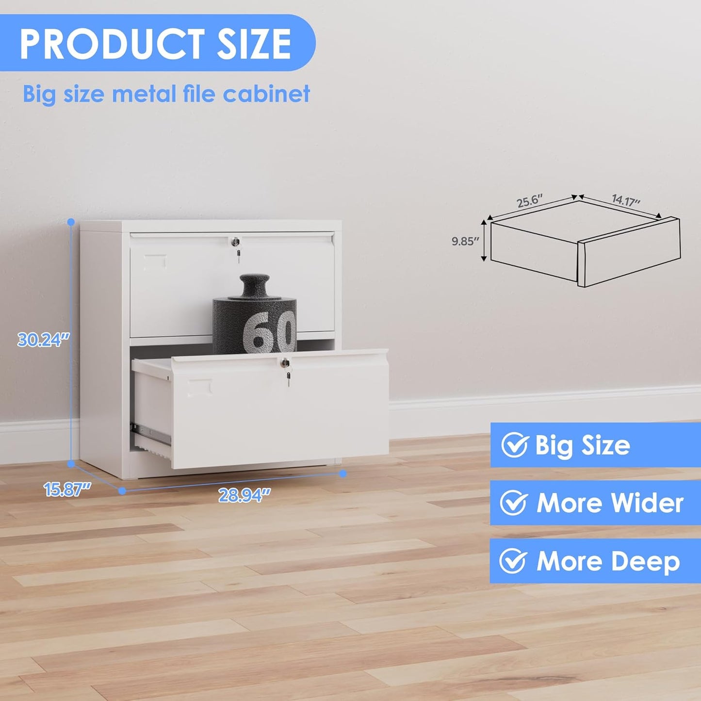 Metal 2 Drawer Lateral File Cabinet with 2 Lock - Wide Filing Cabinet for Letter/Legal/F4/A4 Hanging Files - Includes Business Card Holder,Home Office School Storage,White