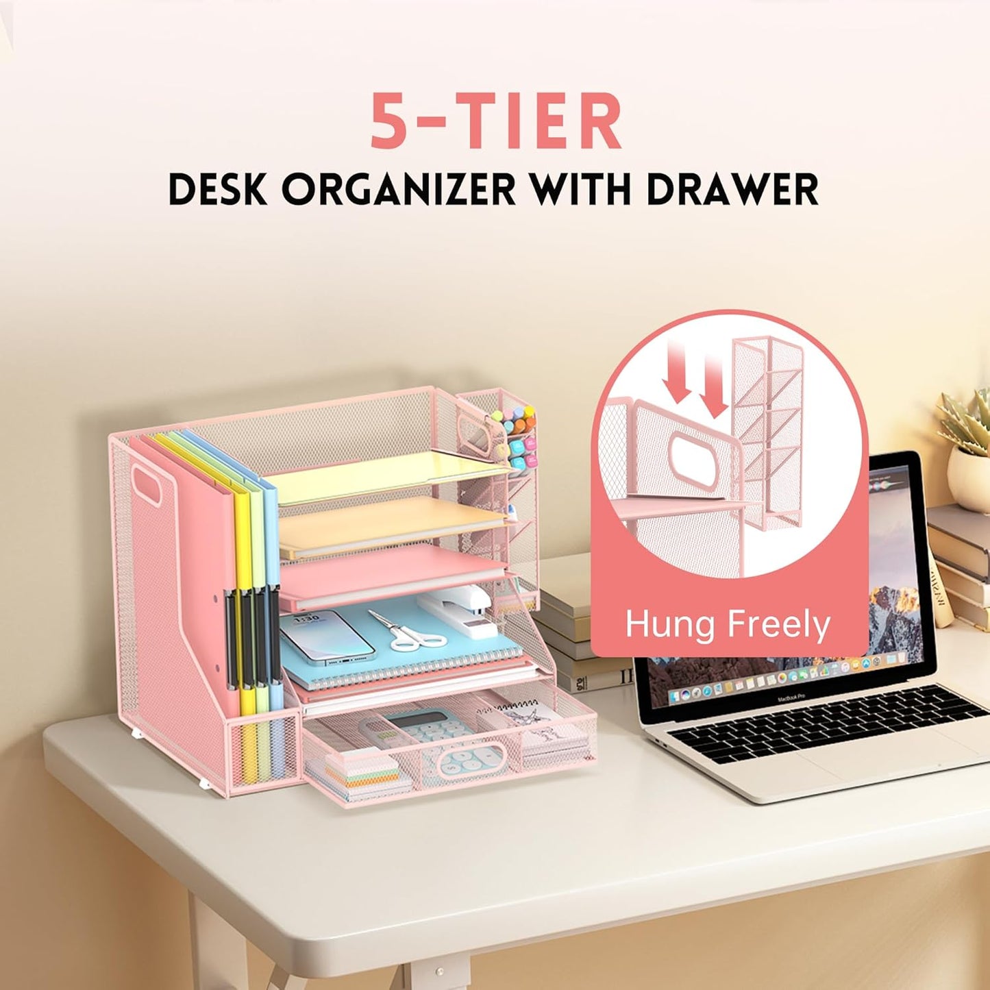 DALTACK Mesh Desk Organizer, 5-Tier Paper Letter Tray with File Holder & Pen Holder & Sliding Drawer, Desktop Organizer and Storage for Desk Accessories Office Supplies, Pink