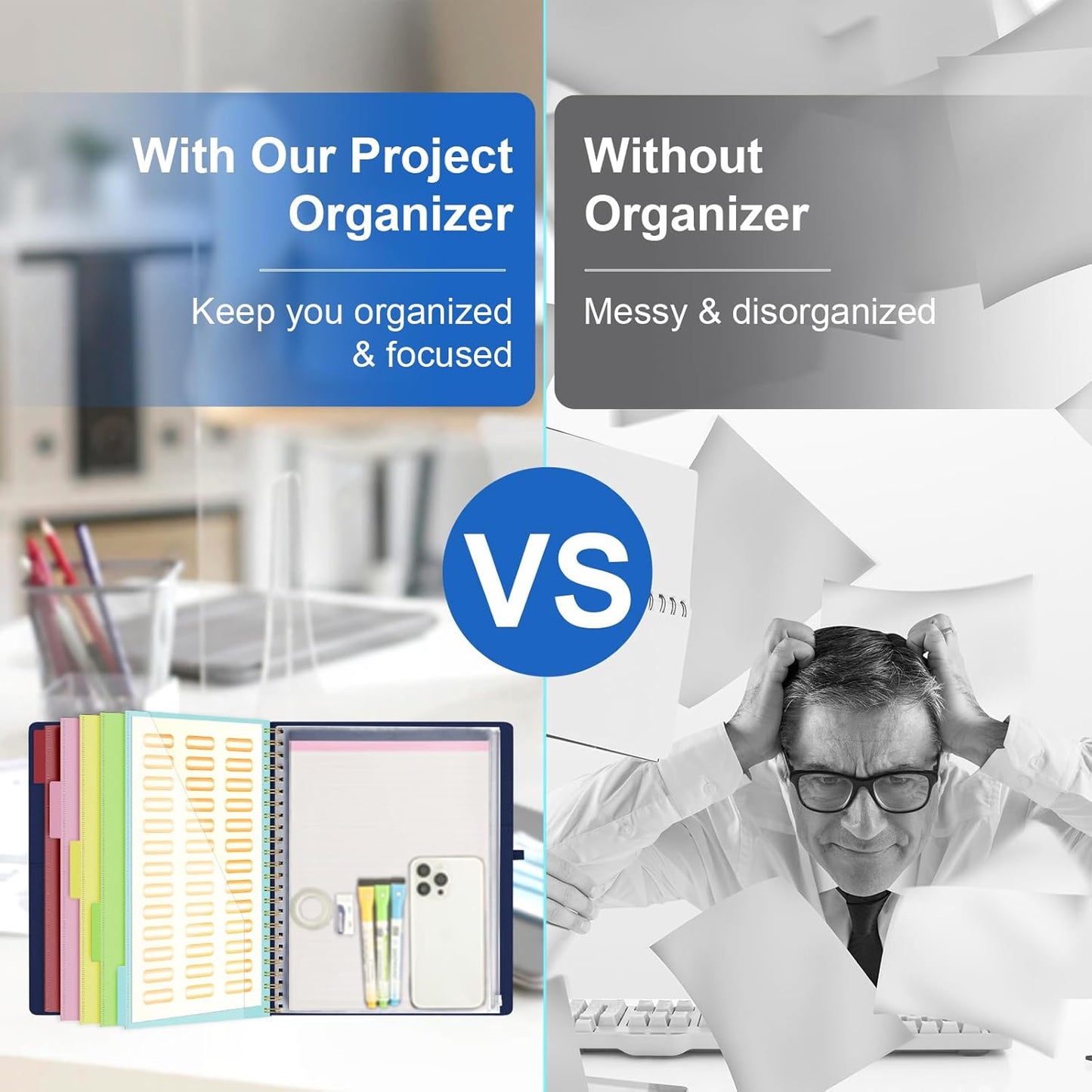 Ospelelf Bule Foldable Spiral Clipboard Folio with Storage Zipper Pouch, 5 Plastic Folders with 10 Pockets, Refillable Lined Notepad (11" x 8.5"), Linen Hardcover Project Organizer