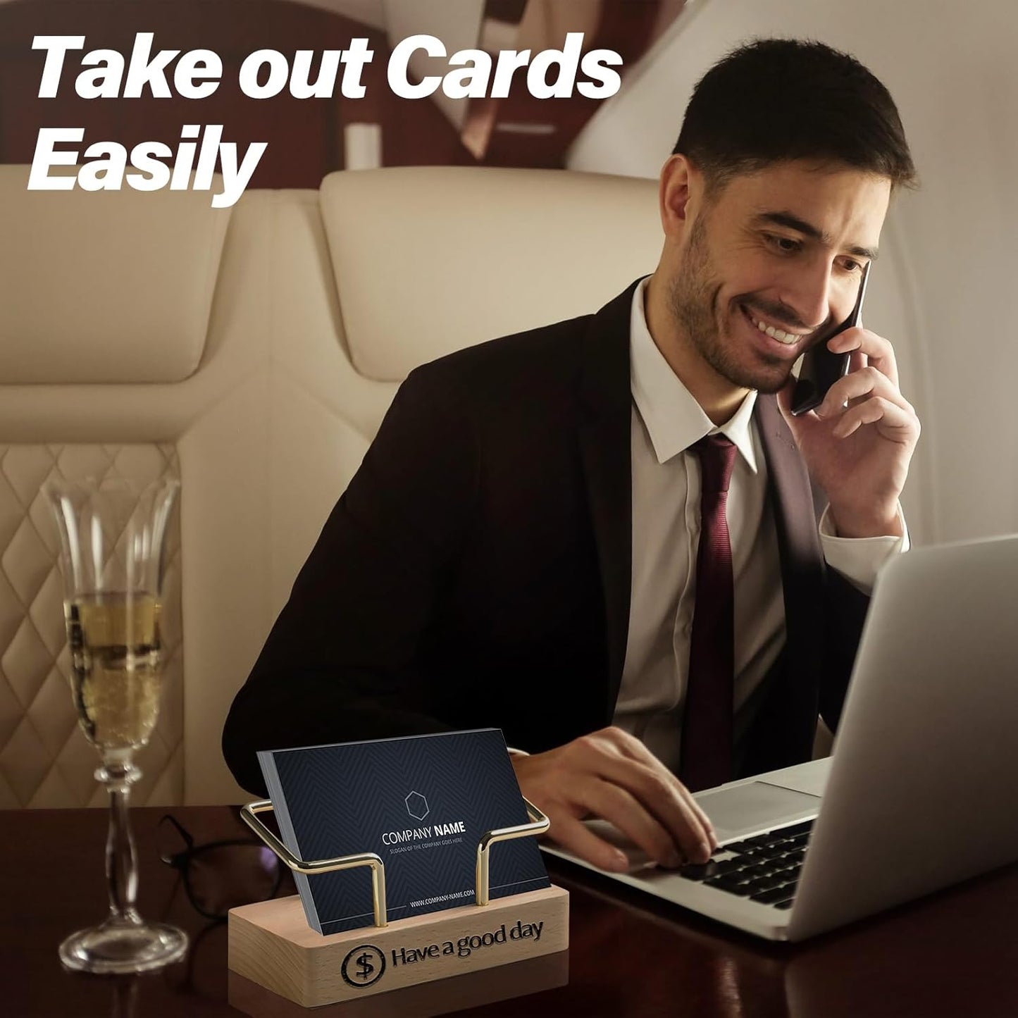 Custom Business Card Holder Desk-Personalized Engraved Wooden Business Card Case Holder, Customized Name Logo Business Card Display Gifts for Men Women (Black - Walnut)