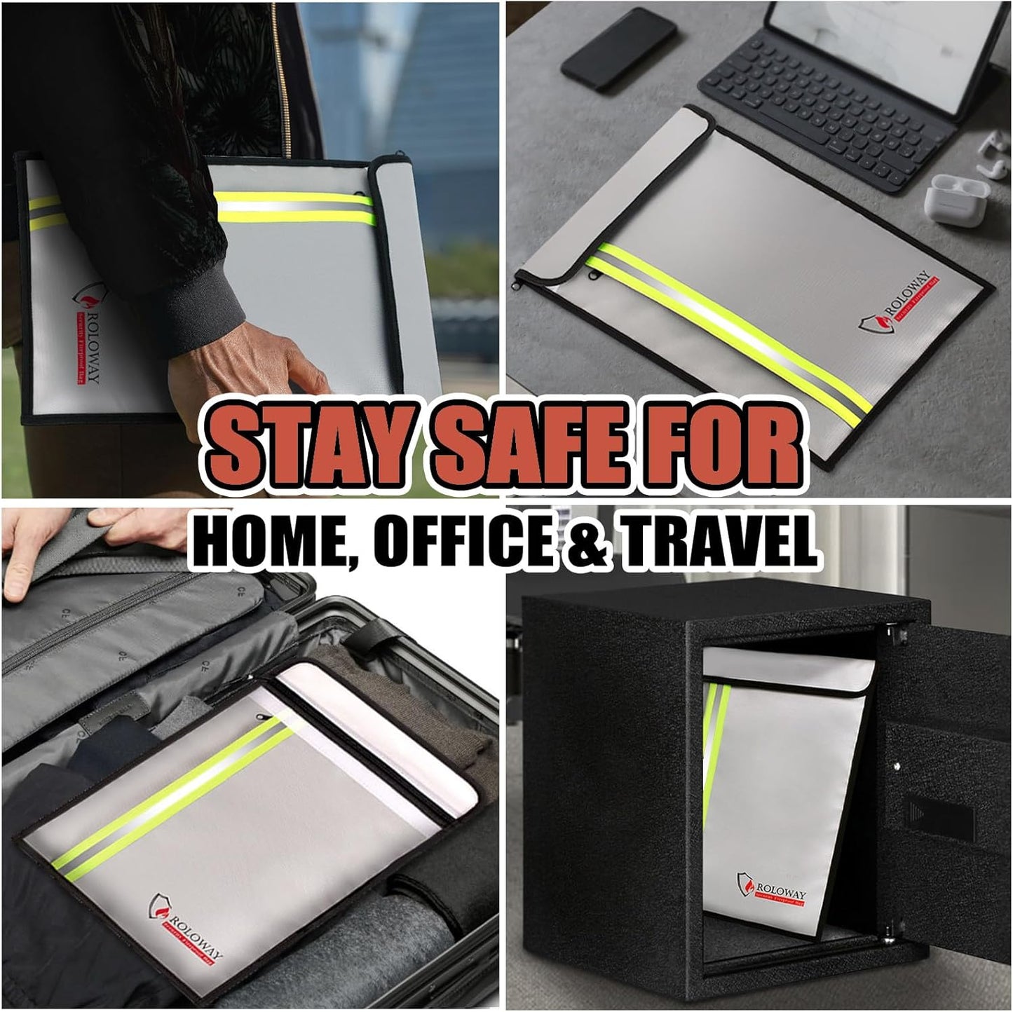 ROLOWAY Fireproof Document Bag (15.5 x 11.5 inch) with 2 Pockets and 5200℉ Aluminum Foil Layer, Fireproof Bag for Document Safe (Silver)