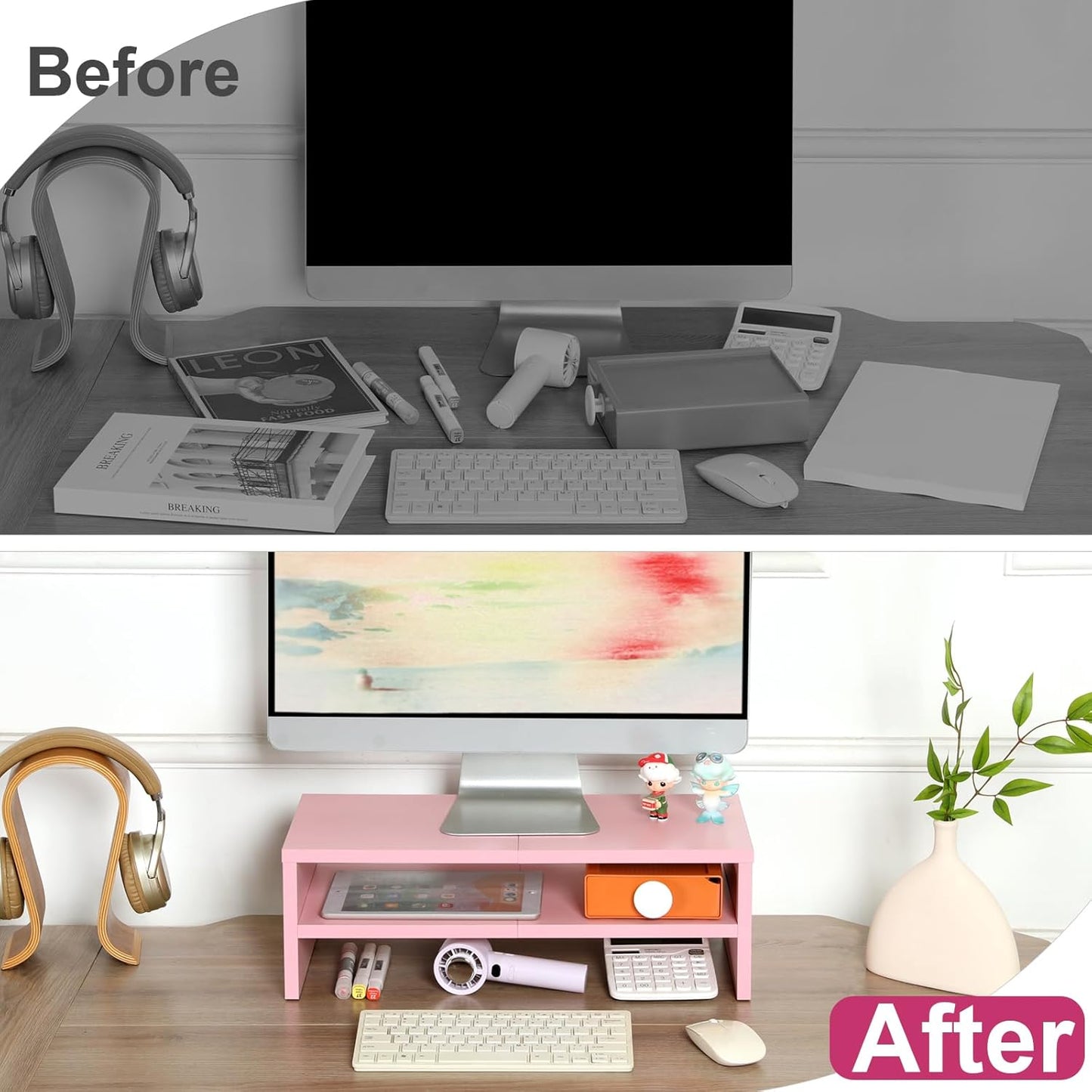 TEAMIX 2 Tiers Pink Monitor Stand Riser, Desktop Stand with Keyboard Storage Small TV Stand Laptop Wooden Desk Organizer Cute Shelf (Pink, 2 Tiers)