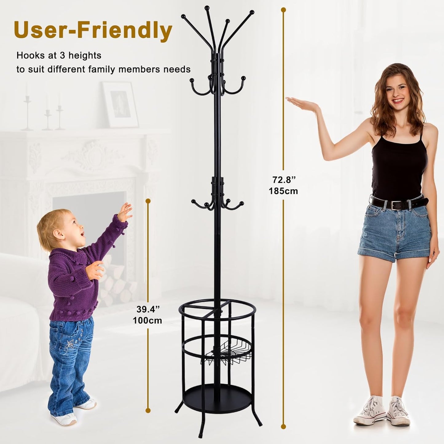 Metal Freestanding Coat Rack Stand with Umbrella Holder, 12 Hooks Coat Tree Black Modern Coat Hanger Stand for Coats, Hats, Scarves and Handbags for Entryway, Hallway, Bedroom, Office