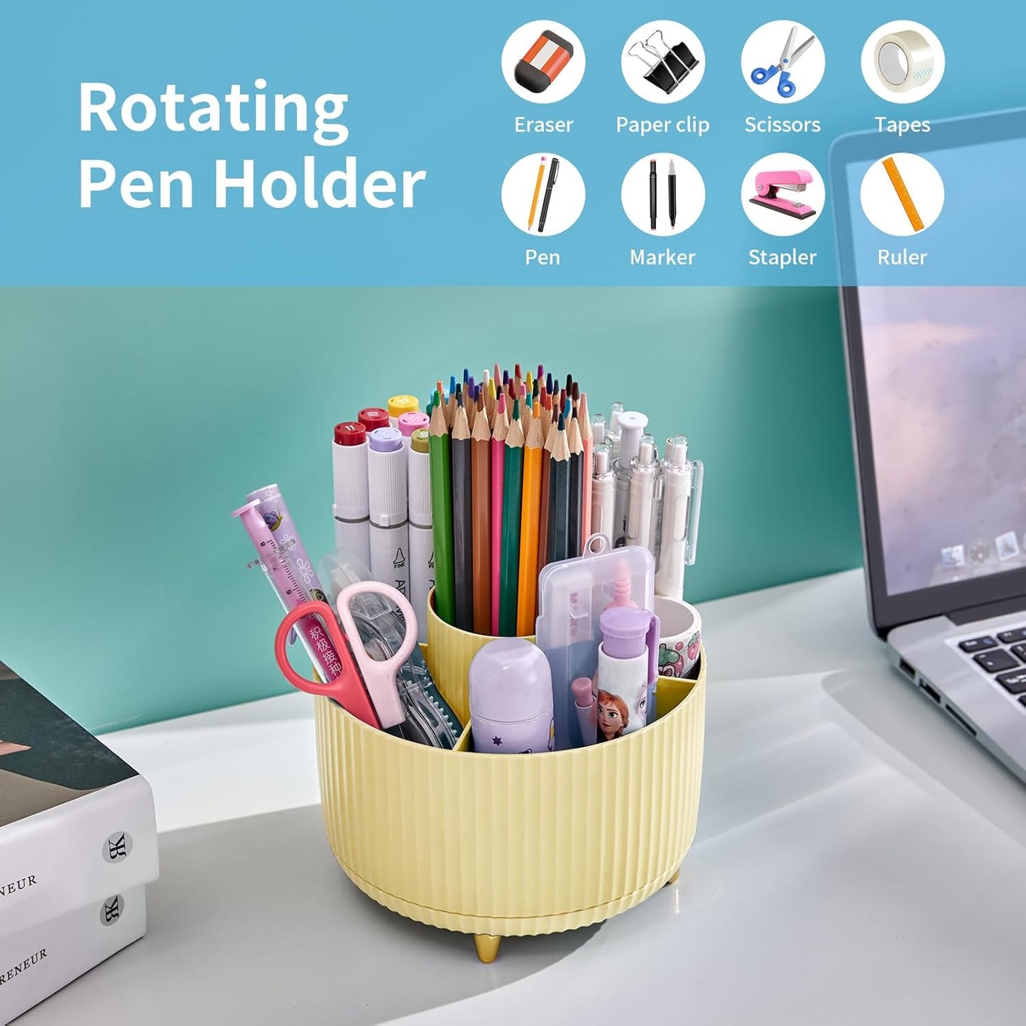 Marbrasse Desk Organizer, 360-Degree Rotating Pen Holder, Desk Organizers and Accessories with 5 Compartments Pencil Holder, Art Supply Storage Box Caddy for Office, Home (Yellow)
