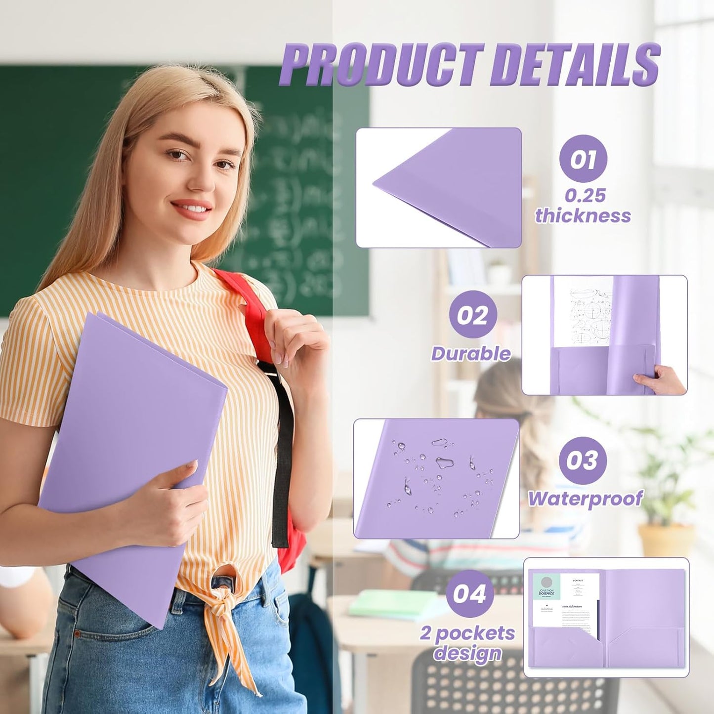 Gueevin 24 Pcs Plastic Folders with Pockets, Back to School Two Pocket Folder Fit Letter Size, Heavy Duty School Business Card Holder for Home Office, 11. 61 x 9. 45 Inches (Light Purple)