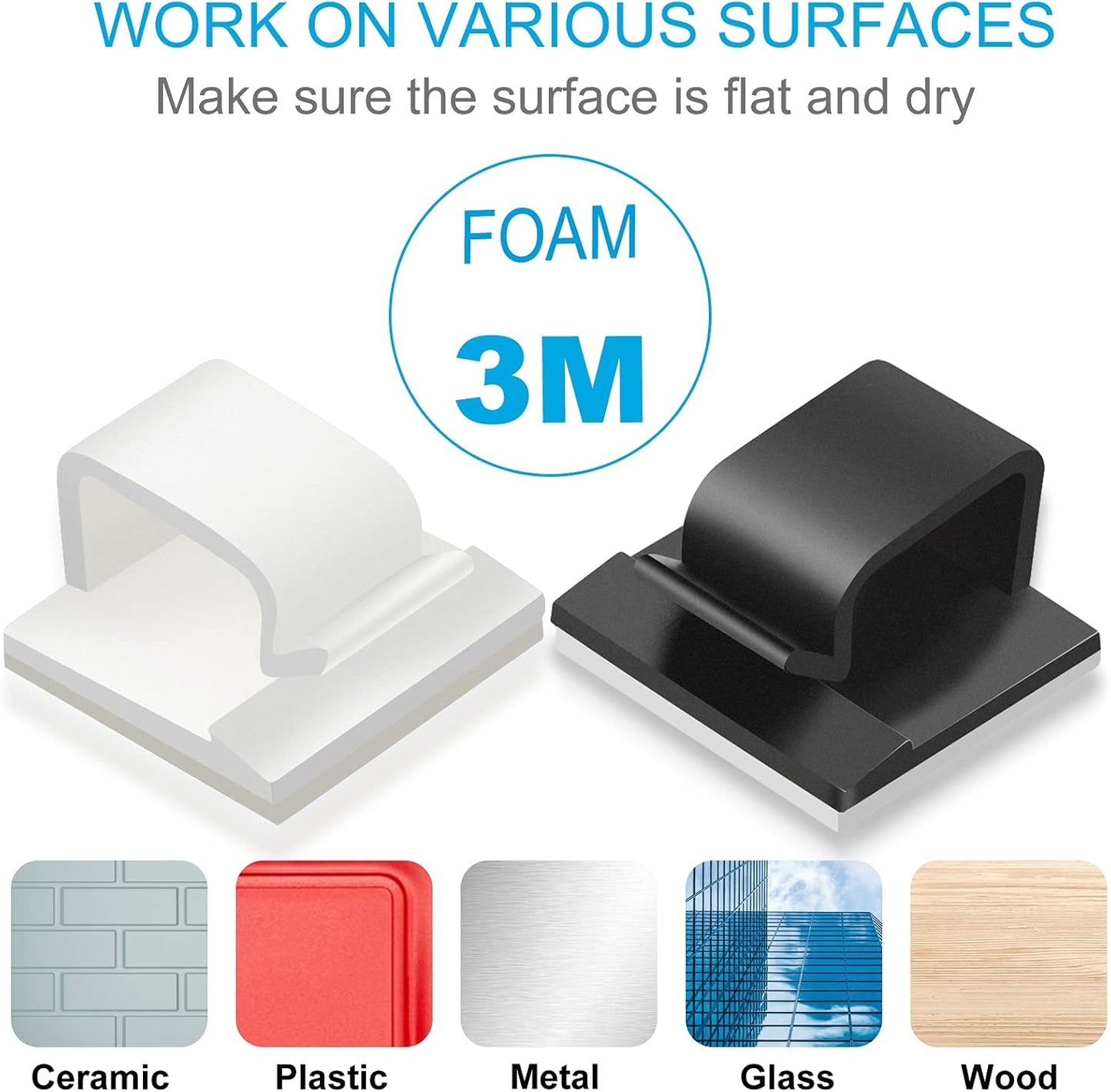 Adhesive Cable Clips White (Large, 45 PCS), Upgraded Wire Clips for Electric Wires, Cord Holders Management Under Desk, Car, Extension Cord, Ethernet Cable, LED Lights