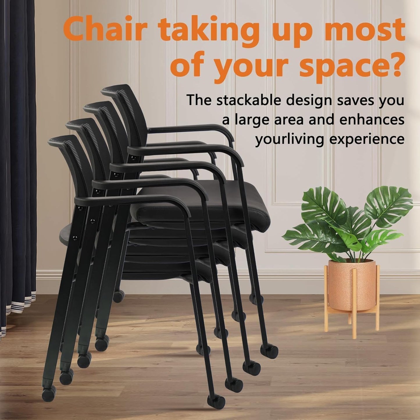 CLATINA Stacking Office Chair with Wheels, Mesh Back Waiting Room Guest Chairs with Arms Comfortable Leather Cushion Stackable Desk Chair for Conference Reception School Side Stationary, Black, 8 PK