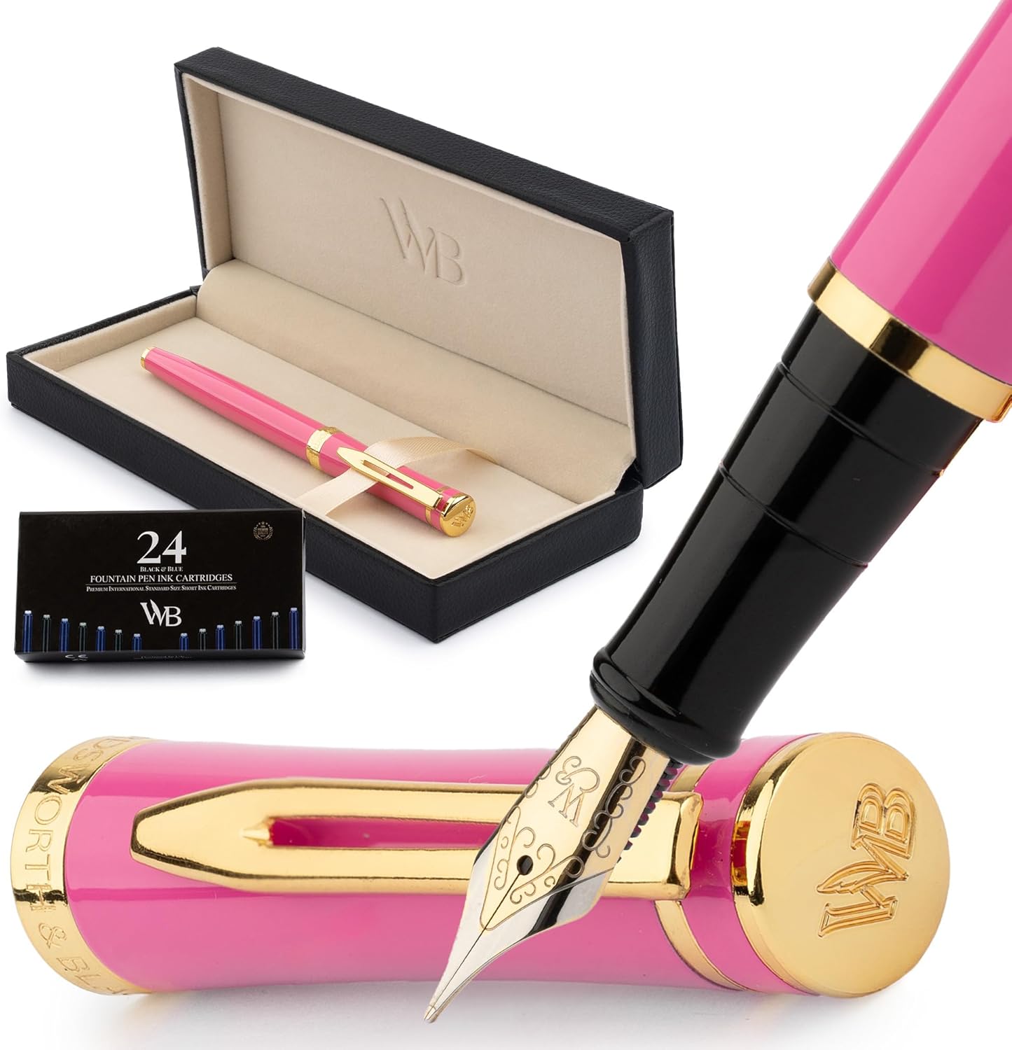 Wordsworth & Black Fountain Pen Set, Medium Nib, Includes 24 Ink Cartridges and Ink Refill Converter, Gift Case, Journaling, Calligraphy, Smooth Writing Pens [Hot Pink], Perfect for Men and Women