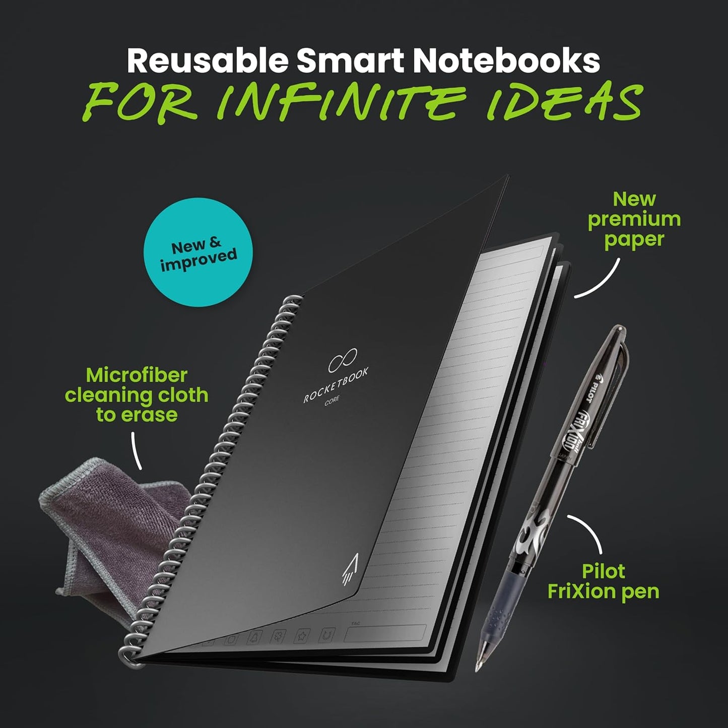 Rocketbook New Core Reusable Spiral Notebook, Letter Size 8.5x11, Black - Lined Pages, App-Connected, Erasable, Durable Cover, Ideal for School, Work, and Creative Projects