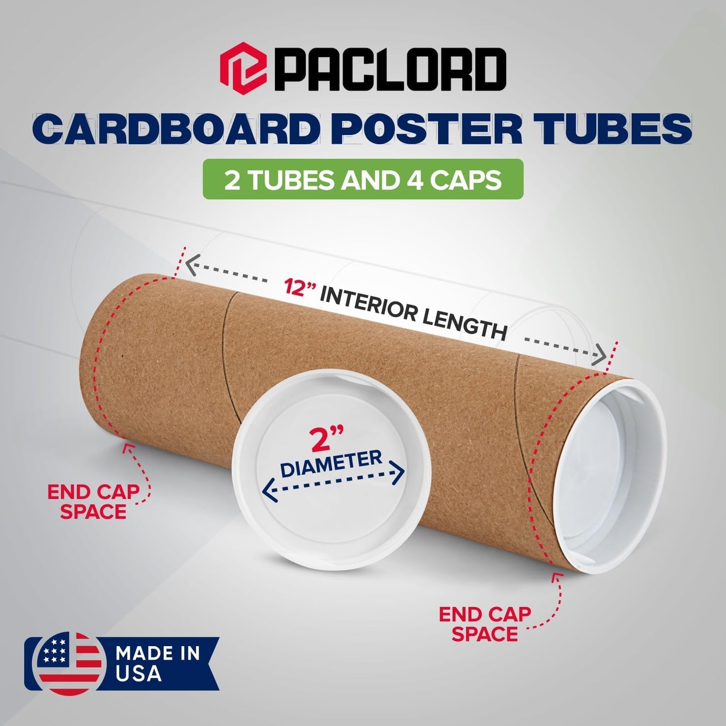 2" x 12" Reinforced Kraft Paper Mailing Tubes, Pack of 2 Tubes with 2 Caps Each – USPS Approved Poster Tube – Made in USA Cardboard Tube for Shipping and Storing Posters, Prints, Artwork, or Documents