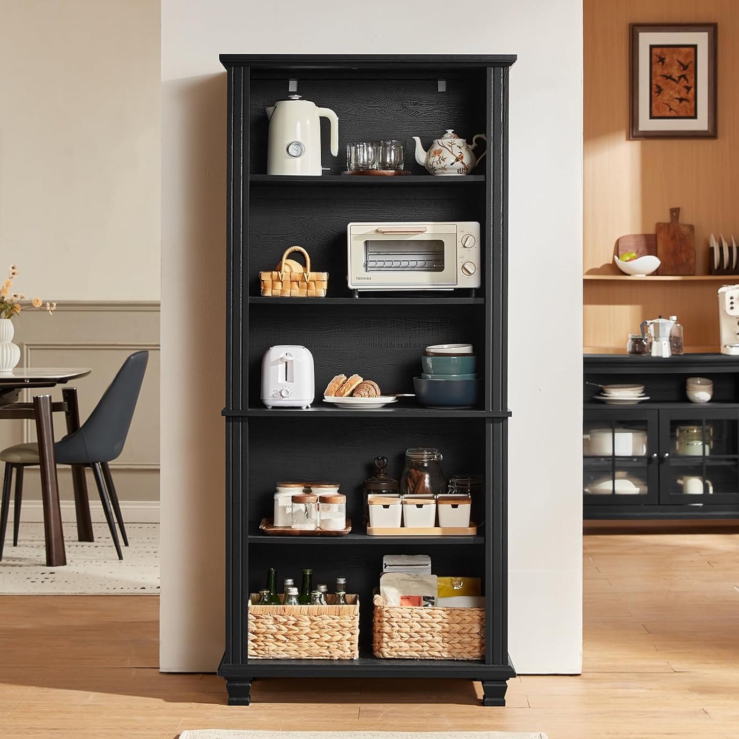 70" Tall Black Bookshelf,5 Tier Wooden Book Shelf with Adjustable Shelves & Wood Legs,Free Standing Farmhouse Bookcase with Open Display Storage,Vintage Bookshelves for Living Room,Office