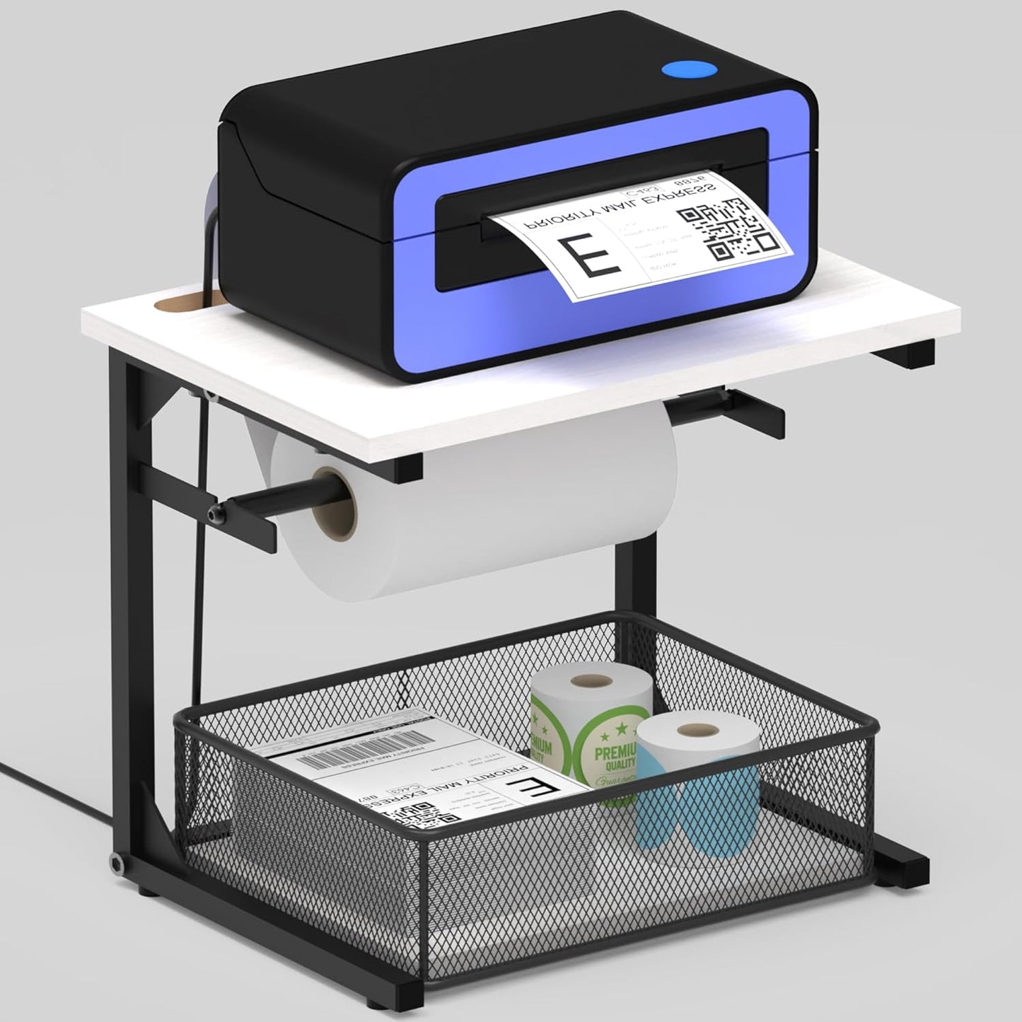 Label Holder for Rolls and Fan-Fold Labels, White Shipping Thermal Label Holder with Drawer for Desktop Thermal Printer, Sticker Roll Holder, Printer Accessory Supplies for Home, Office Small Business