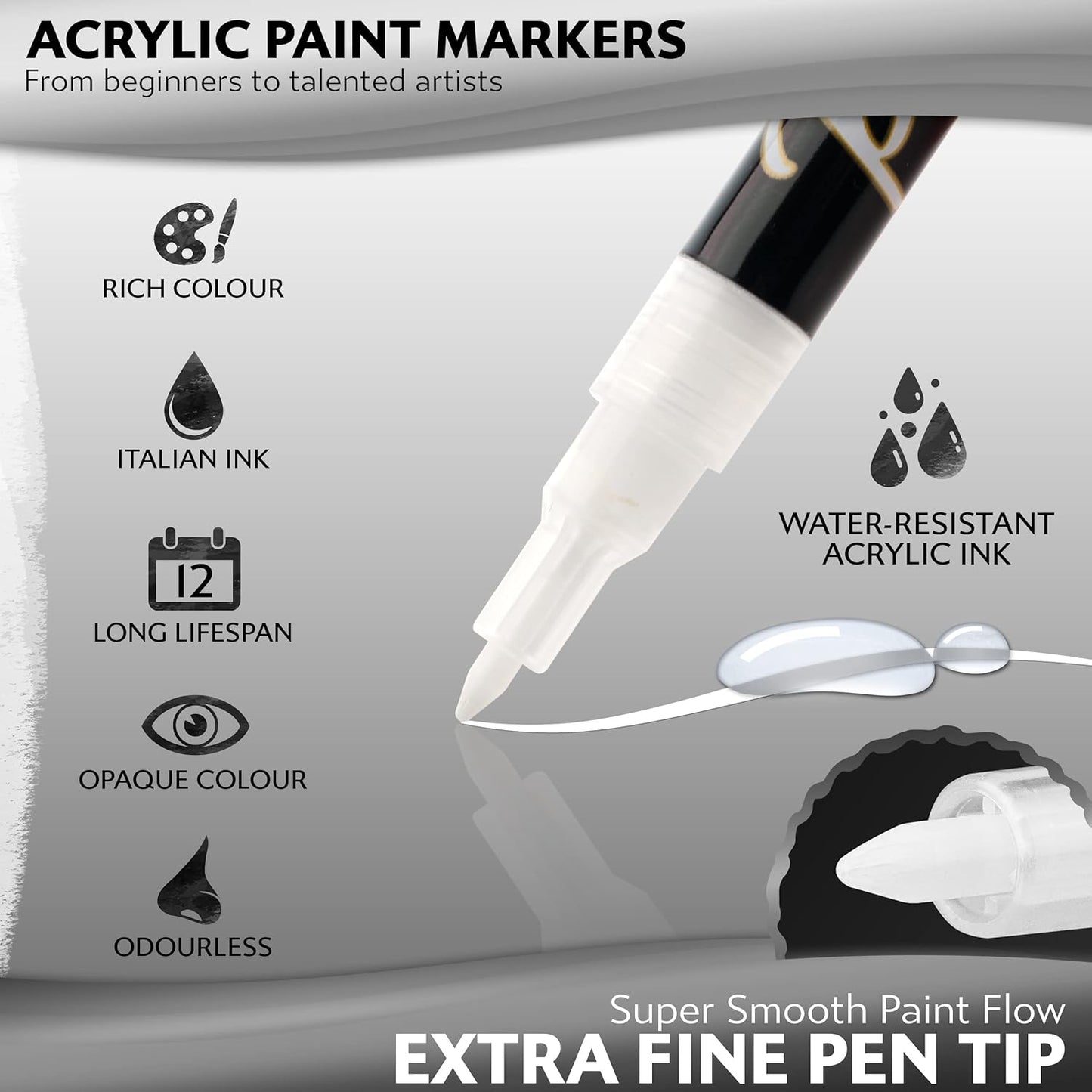 Stylo 8 Count Acrylic Metallic Pens - White Paint Pens - Fine Tip Permanent Acrylic Metallic Paint Markers for Rock Painting, Glass, Wood, Ideal for Arts and Crafts (Pack of 8, White)