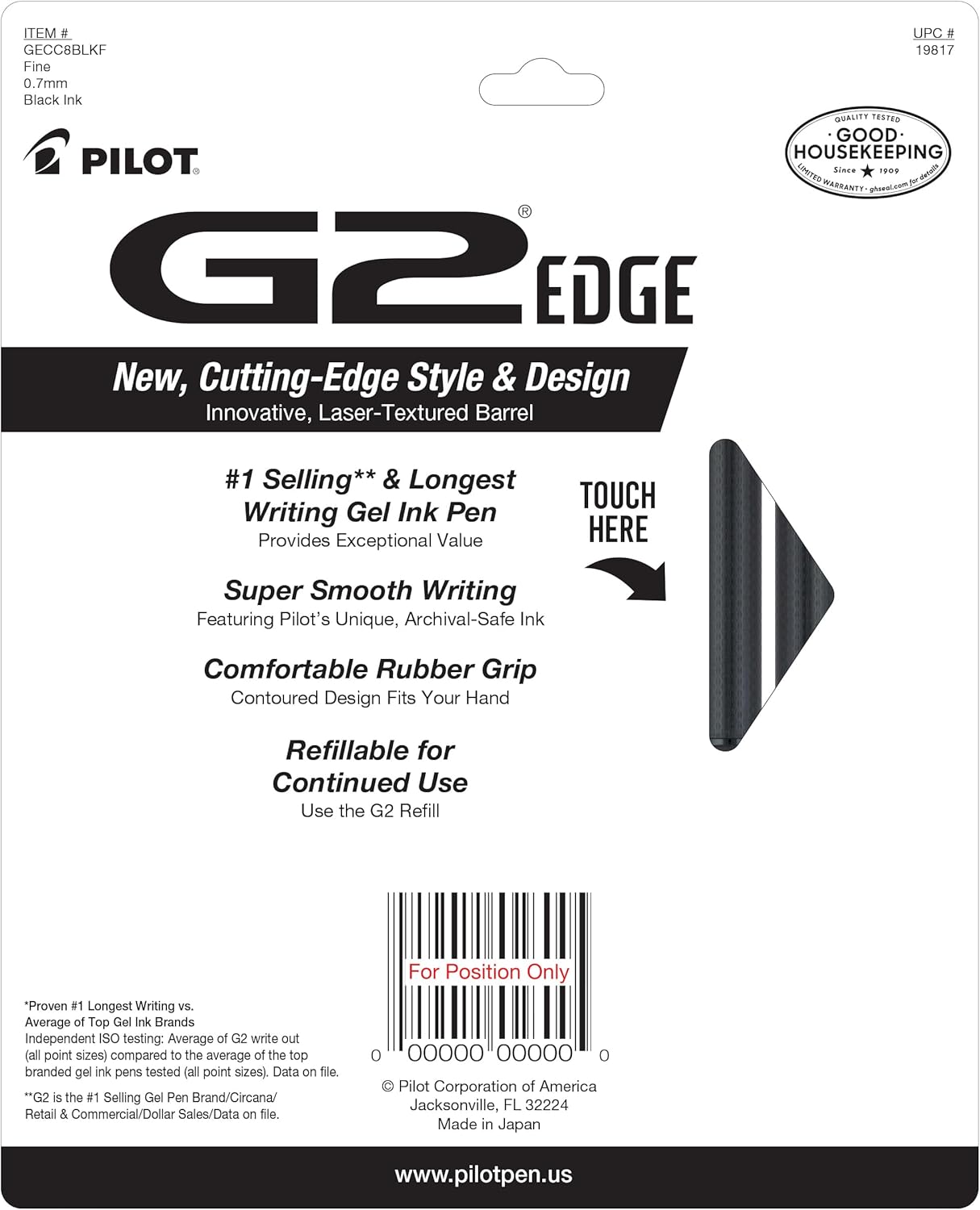 Pilot, G2 Edge Premium Gel Roller Pens, Fine Point 0.7 mm, Black, Pack of 8