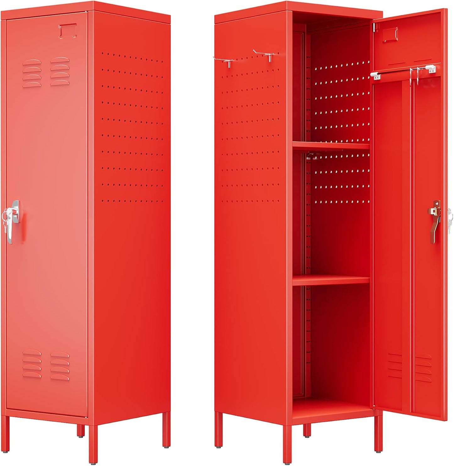 Metal Storage Locker with Pegboard and Hooks,Metal Locker for Employees with Handle and Hanging Rod for Gym, School, Office,Home,Garage,Assembly Required,Red