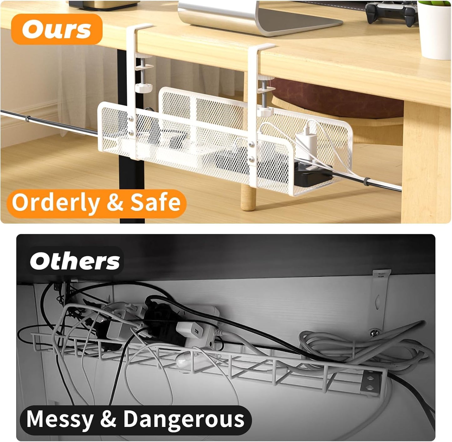 Under Desk Cable Management Tray, Wire Management Desk Cable Organizer Cable Management Box, Cord Organizer Under Desk Storage Cable Raceways for Office, Home - No Damage to Desk No Drill