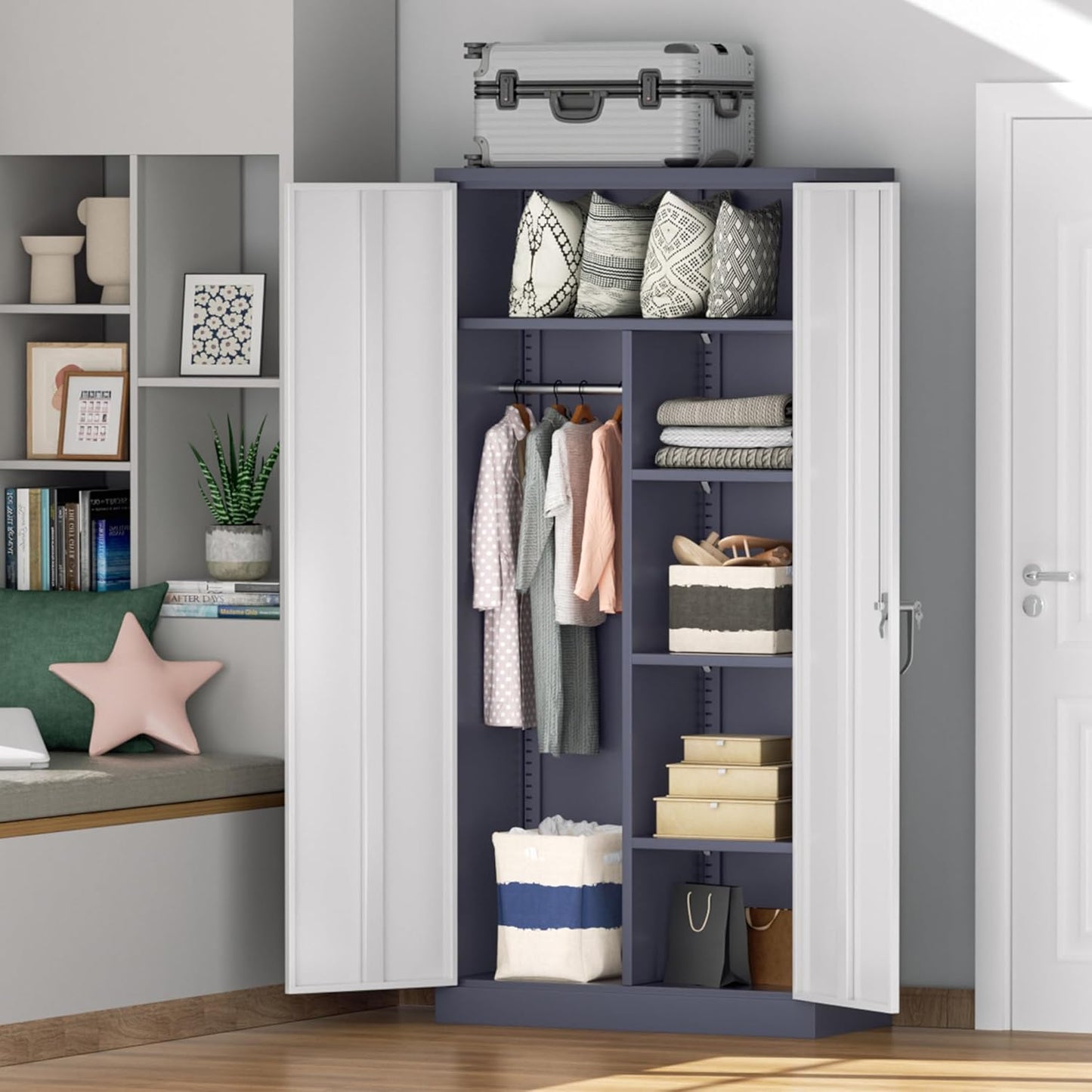 Greenvelly Metal Storage Wardrobe Cabinet with Lock, 72" White Grey Metal Wardrobe Closet for Hanging Clothes with Doors and Shelves, Modern Clothes Closet for Home, Office and Bedroom, School,Gym