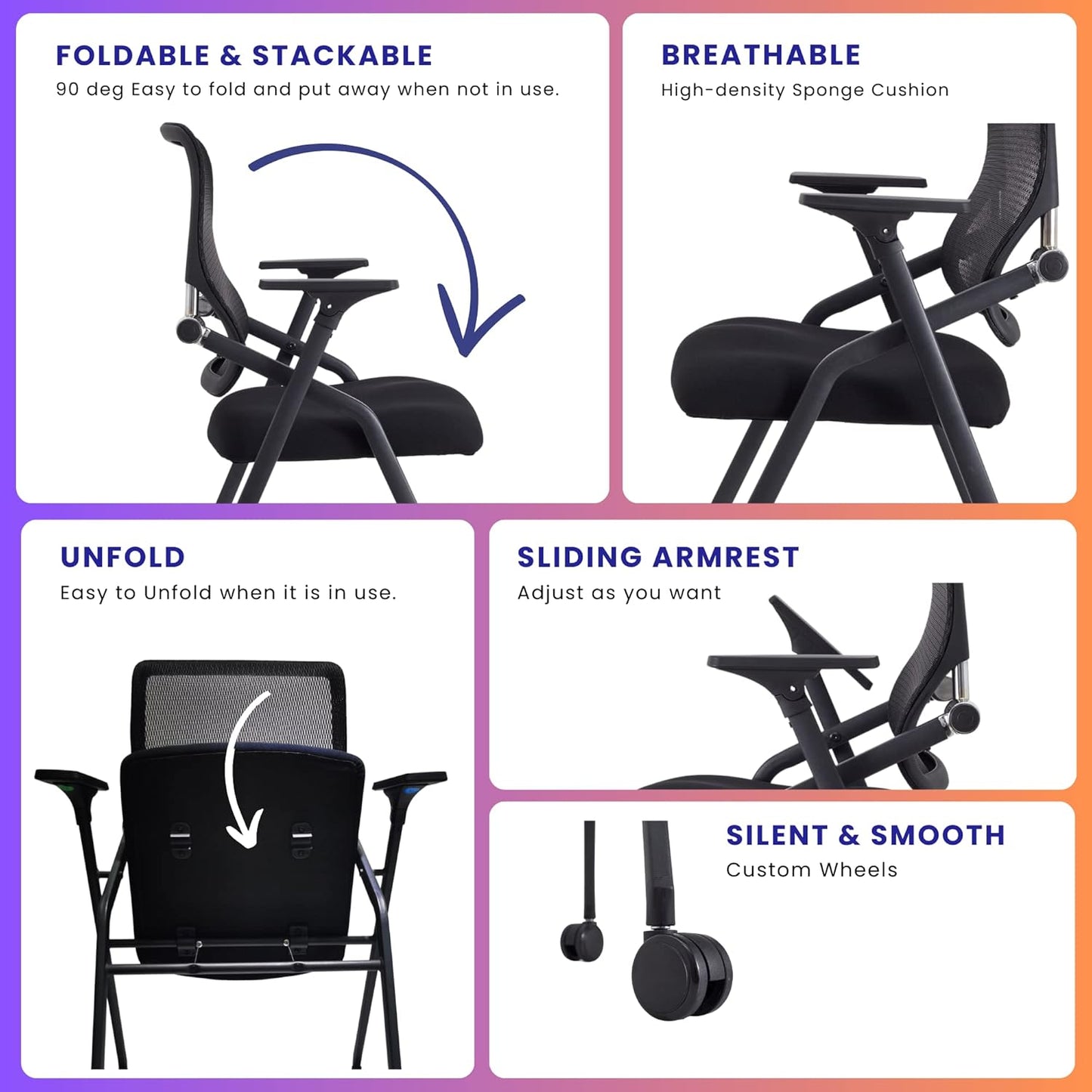 2 Pack Stackable & Foldable Conference Room Chairs with Lumbar Support, Armrest - Ergonomic Mesh Bouncing Back for Office Meeting, Conference, Reception and Training Room Chair