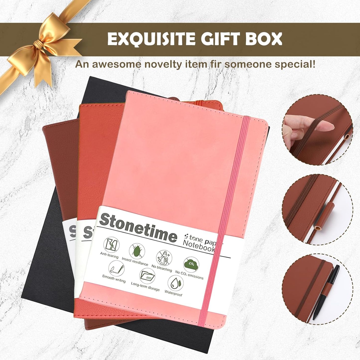 Stone Paper Notebook for Women Men, A5 Waterproof Notebook Hardcover Executive Journal, Ruled Notebooks for Writing, Business, Work ＆ School, 160 Pages Notebook with Gift Box (A5 Pink)