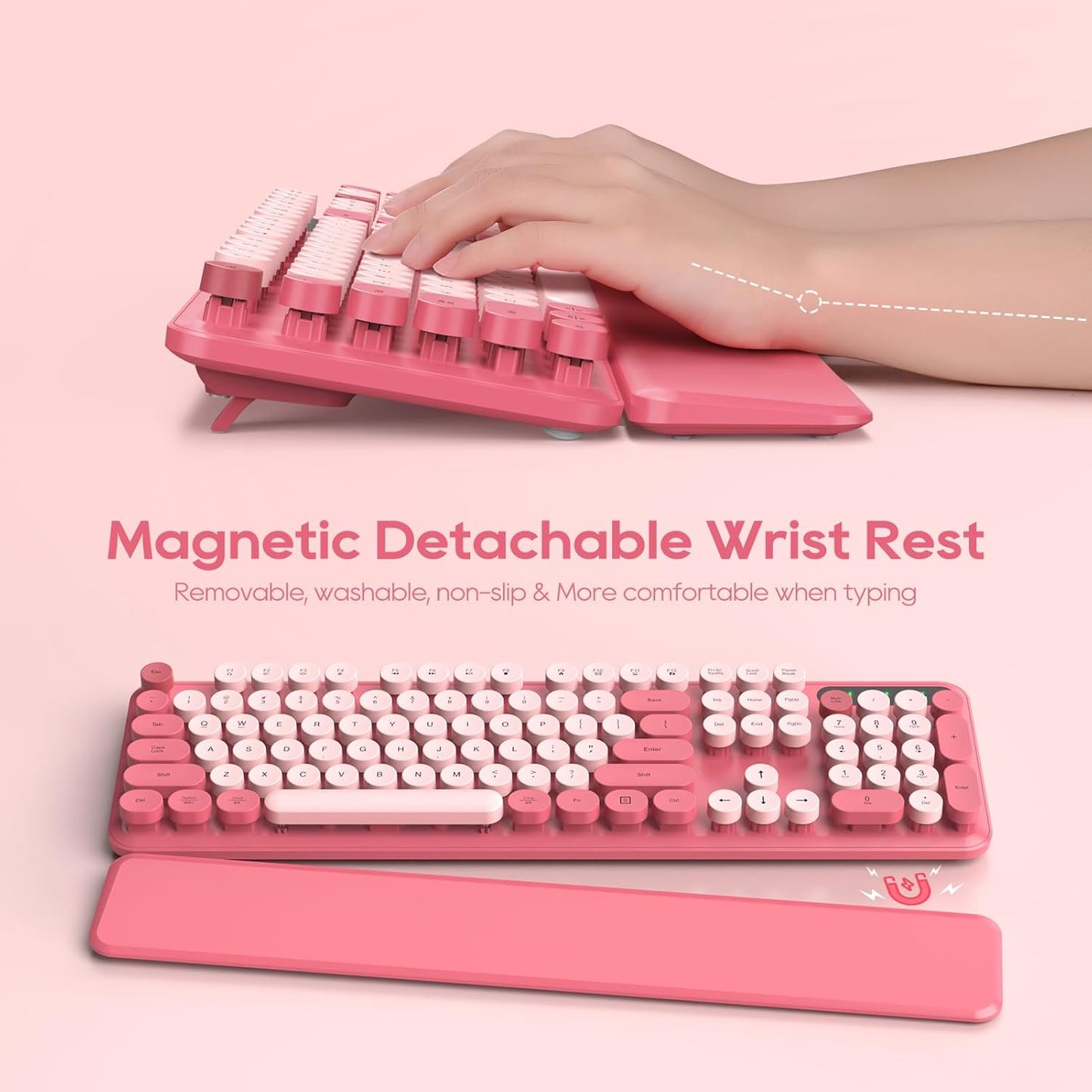 Wireless Keyboard and Mouse Combo - Round Keycaps, Full-Size Retro Typewriter Keyboard with Detachable Wrist Rest, Sleep Mode & Tilt Legs, 2.4GHz Cordless Connection for Mac/Windows/PC (Hot Pink)