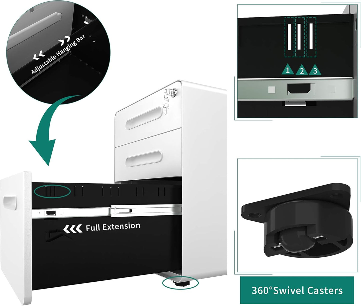 YITAHOME 3 Drawer Mobile File Cabinet, Metal Vertical File Cabinet with Lock, Filing Cabinet Under Desk fits Legal/A4 Size for Home Office, Fully Assembled, White