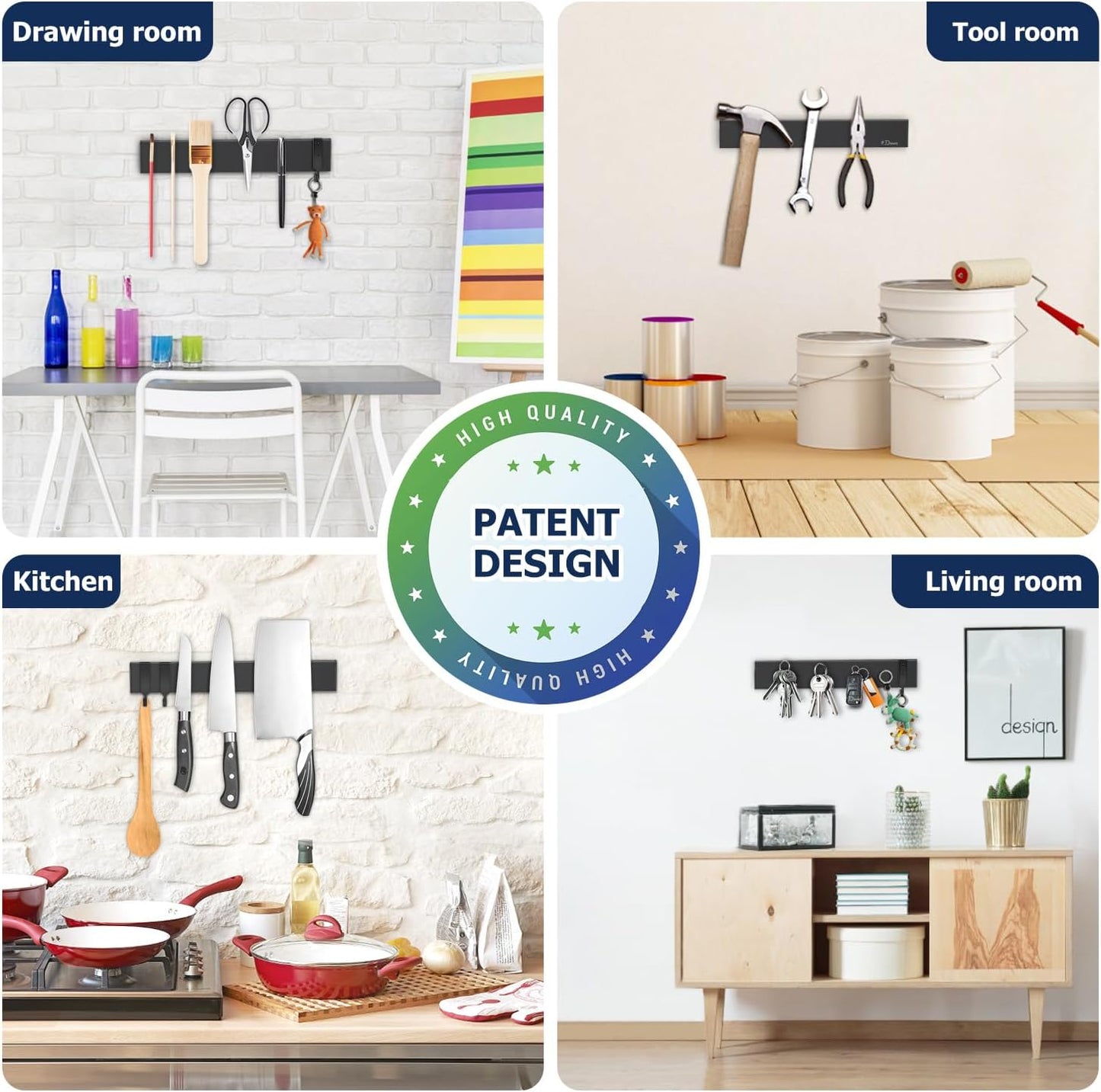 Dmore magnetic knife holder for wall—with 2 hooks, No Drilling 10 Inch black knife magnetic strip, Powerful knife magnet rack, include Adhesive Tape and screws for Knives, Utensils, and Tools