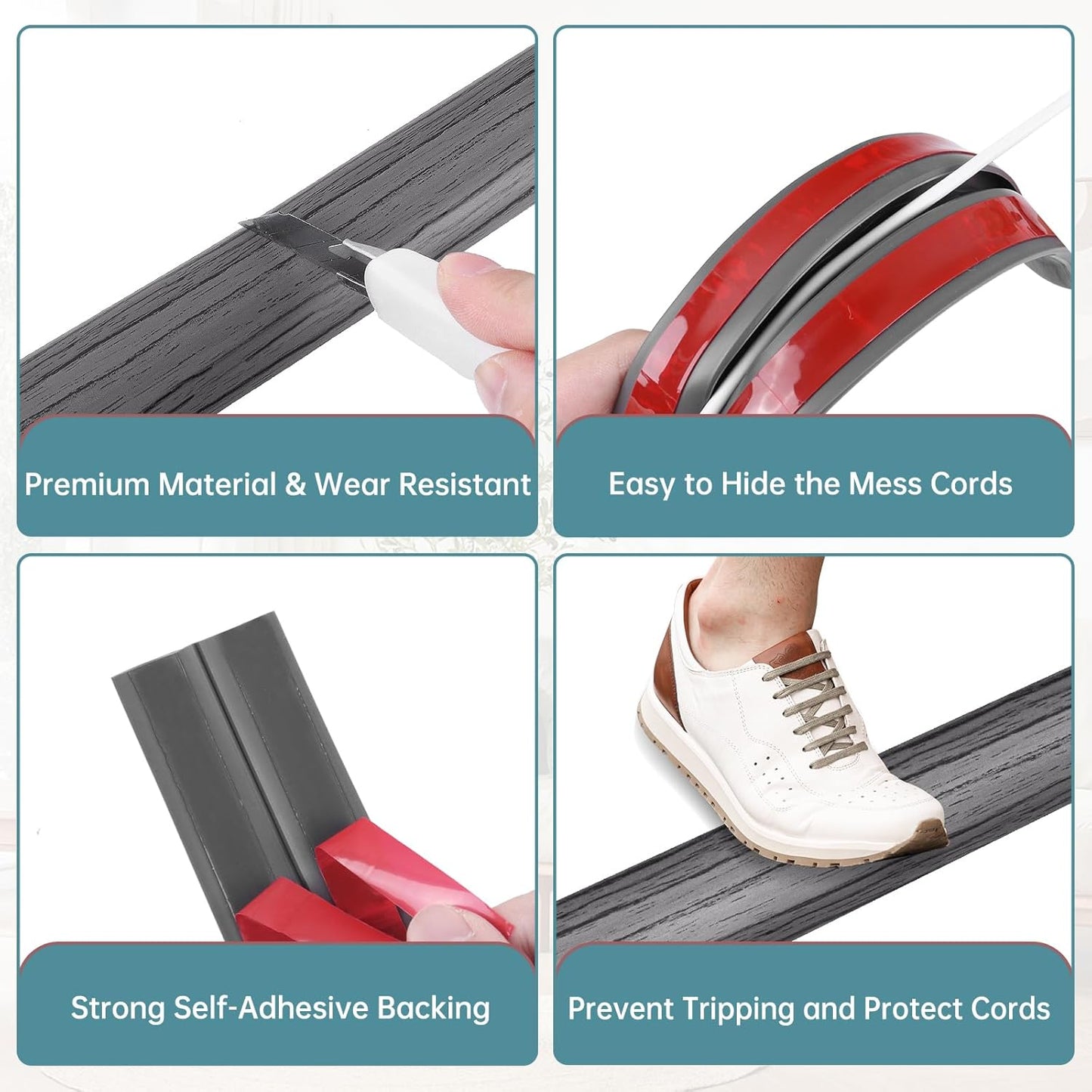 Floor Cord Cover Self Adhesive Cord Hider Floor Extension Cord Covers for Floor Power Cord Protector Cable Management Prevent Cable Trips Cable Cavity 0.47" W x 0.27" H (Deep Grey Wood, 10Ft)