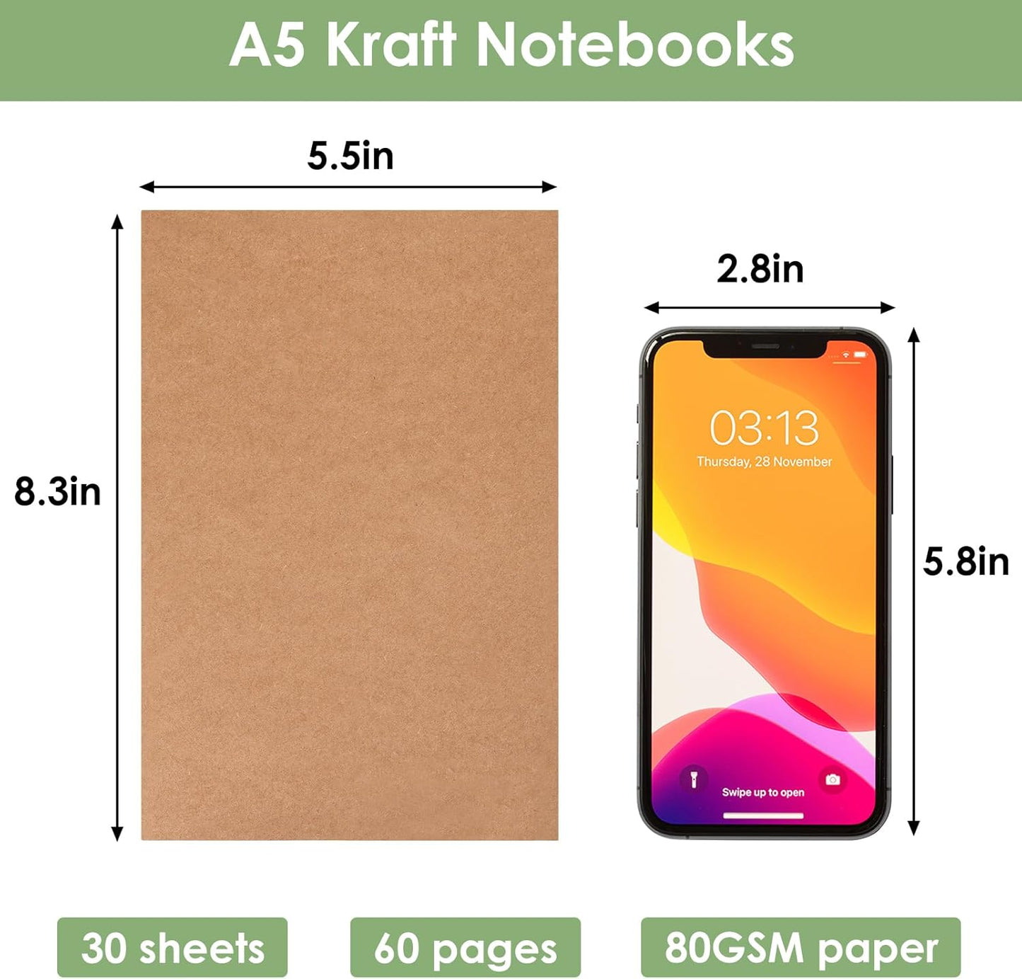 LABUK 48 Pack Lined Kraft Notebooks, A5 Journals Bulk, 8.3x5.5 Notebook Bulk for Traveler Journal, Students Gift School Office Supplies (30 Sheets/60 Pages)
