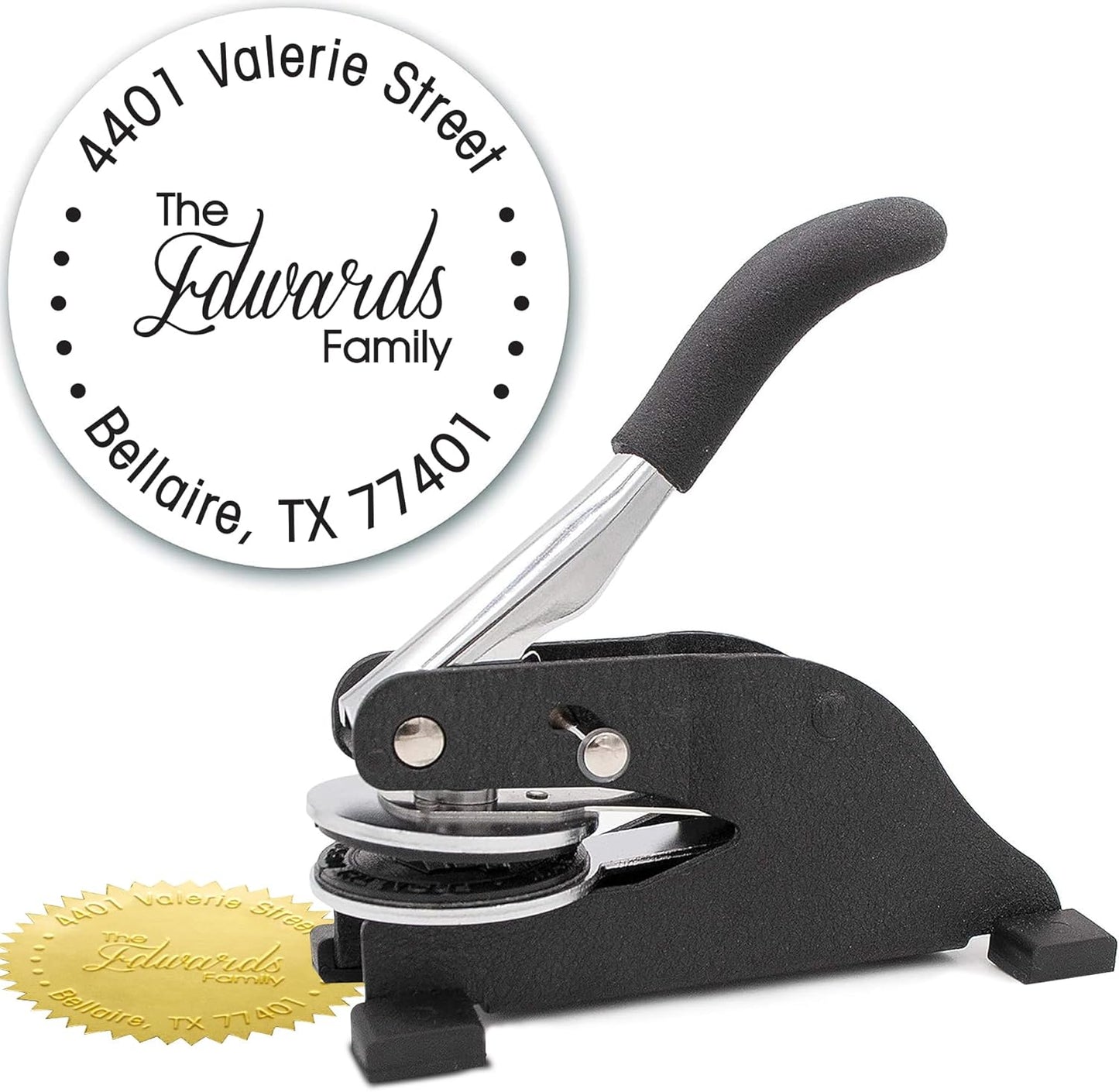 Custom Monogram Address Desk Embosser - Personalized Round Seal with 50 Gold Seal Labels - Style EMD021