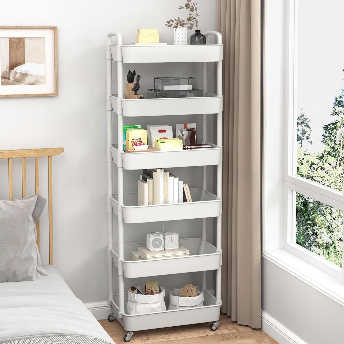 Sywhitta 6-Tier Plastic Rolling Utility Cart with Handle, Multi-Functional Storage Trolley for Office, Living Room, Kitchen, Movable Storage Organizer with Wheels, White