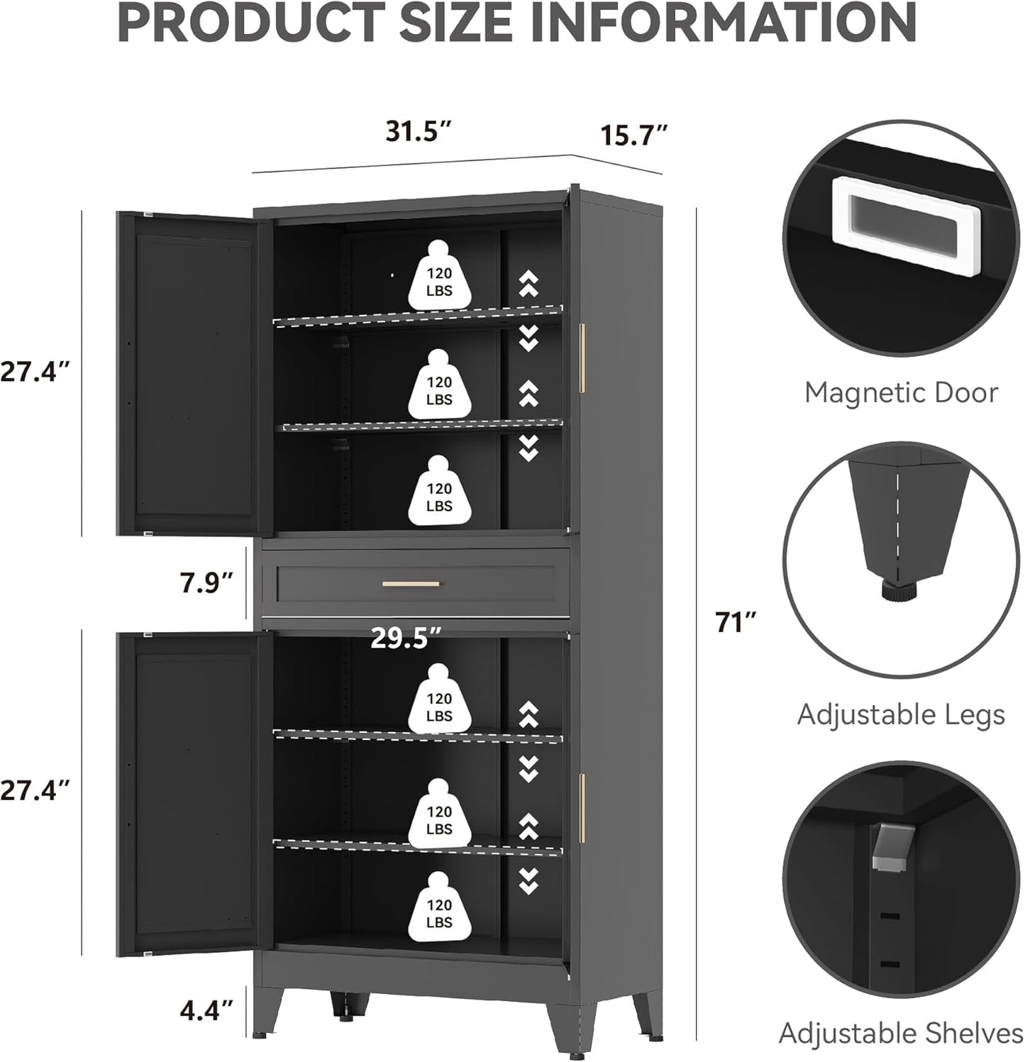 71" Tall Metal Storage Cabinet with Drawer and Adjustable Shelves,Farmhouse Kitchen Pantry Storage Cabinet with Doors,Large Wide Cabinets for Craft Room,Office,Dining Room,Bathroom(Black)