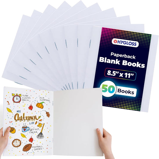 Hygloss Blank Books 8.5 x 11 Inches - 50 Pack – White Color Paperback for Drawing & Writing – Empty Books for Journaling, Sketching or Arts & Craft