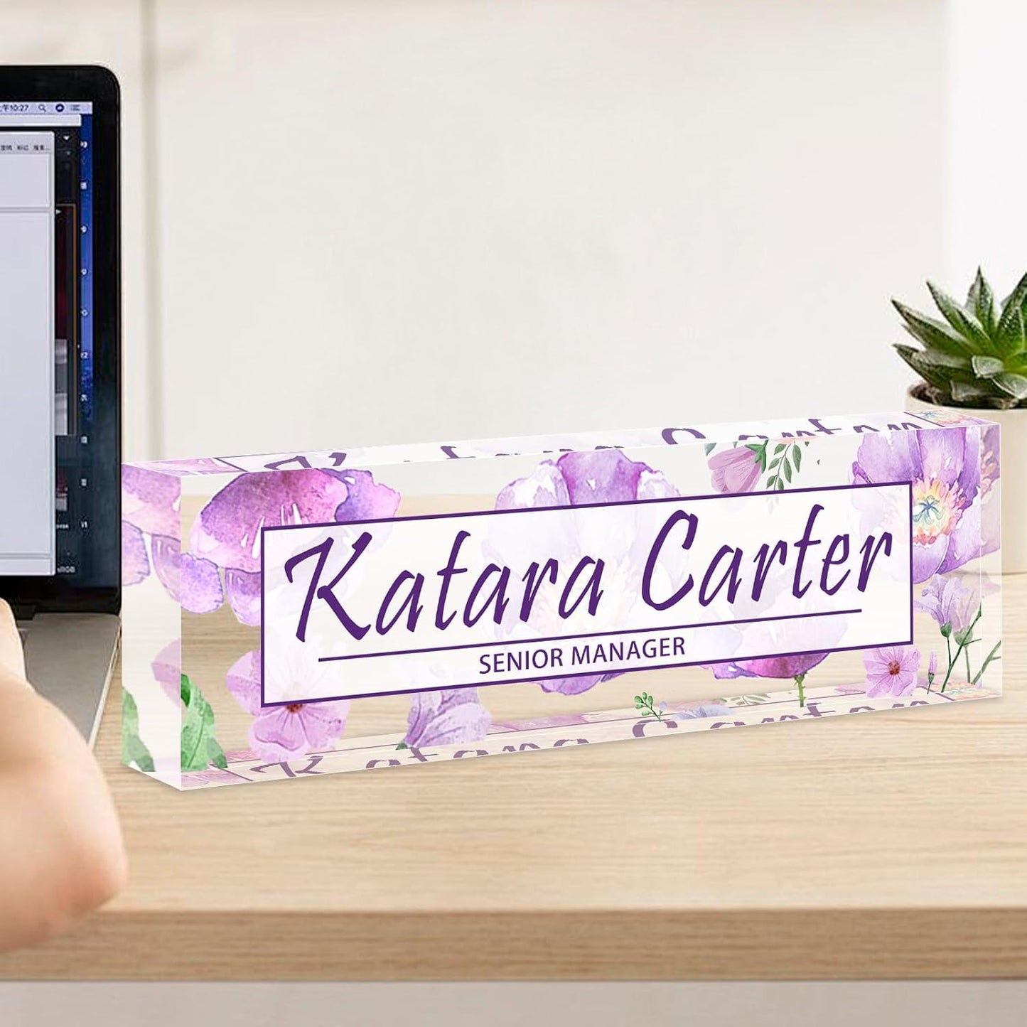 Name Plate for Desk Personalized, Acrylic Desk Decorations, Employee Appreciation Gifts, Custom Office Gifts for Coworkers, Boss, Teacher, Nurse (Purple Floating Flowers)