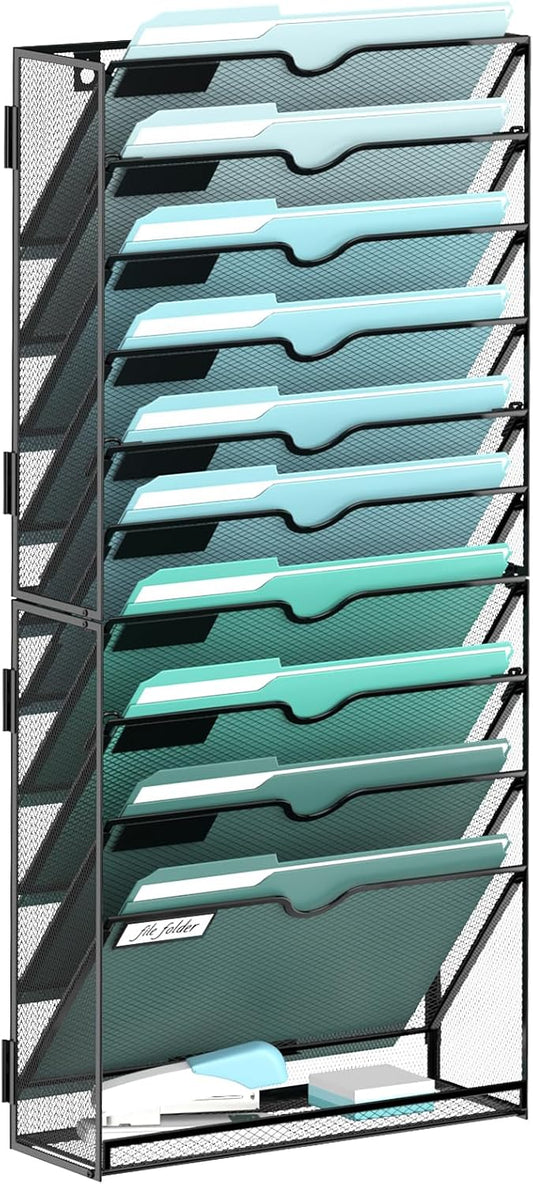 SUPEASY 11-Tier Wall File Organizer, Hanging Wall Files for Papers, Folders, Magazines, Wall Organizer for Clipboard, Assembly Needed, Black