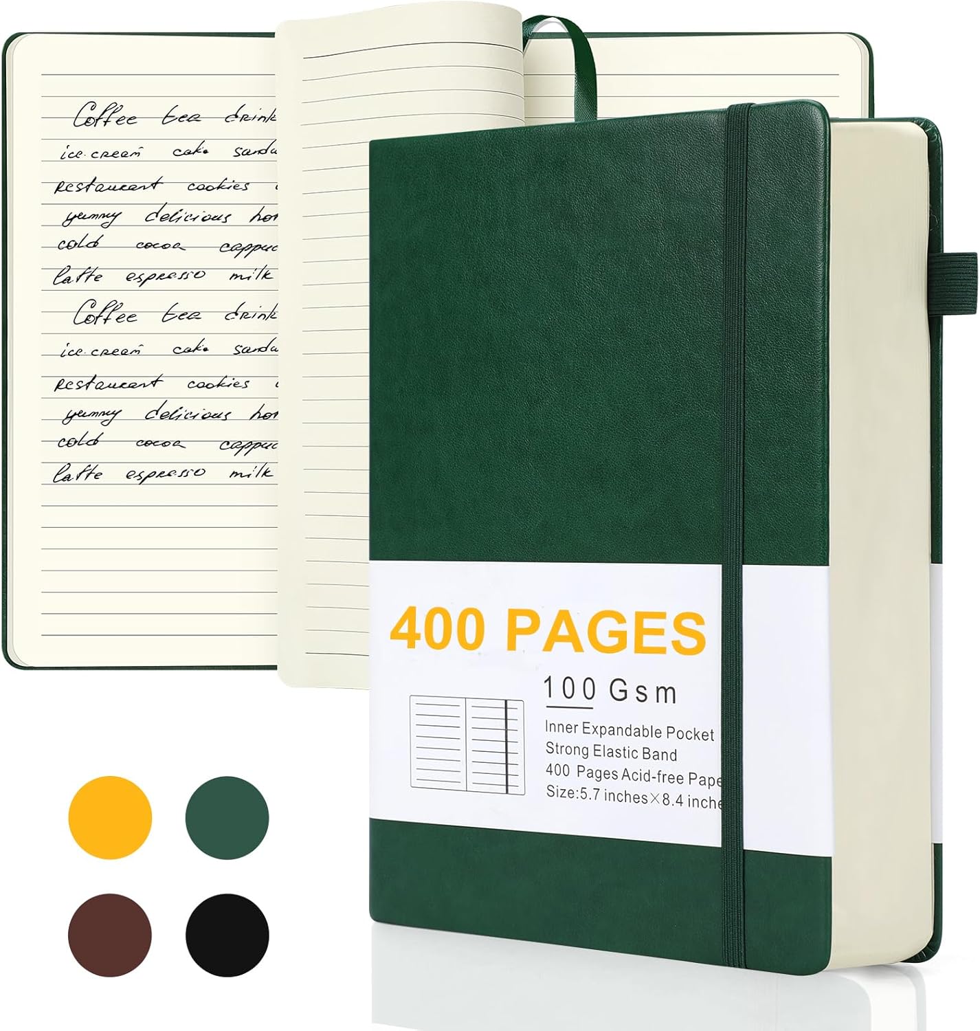 Journals for Writing, A5 Leather Ruled Notebook with 400 Pages, 100 Gms College Ruled Journal with Thick Paper, Hardcover with Inner Pocket & Pen Holder, Dark Green