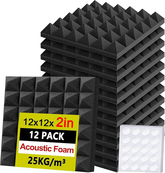 Foneso Acoustic Foam Panels 12Pack, 12''x12''x2'' High Density Sound Proof Foam Panels for Walls, Pyramid Designed Acoustic Panels Sound Absorbing for Sound Studio, Podcast Recording and Offices