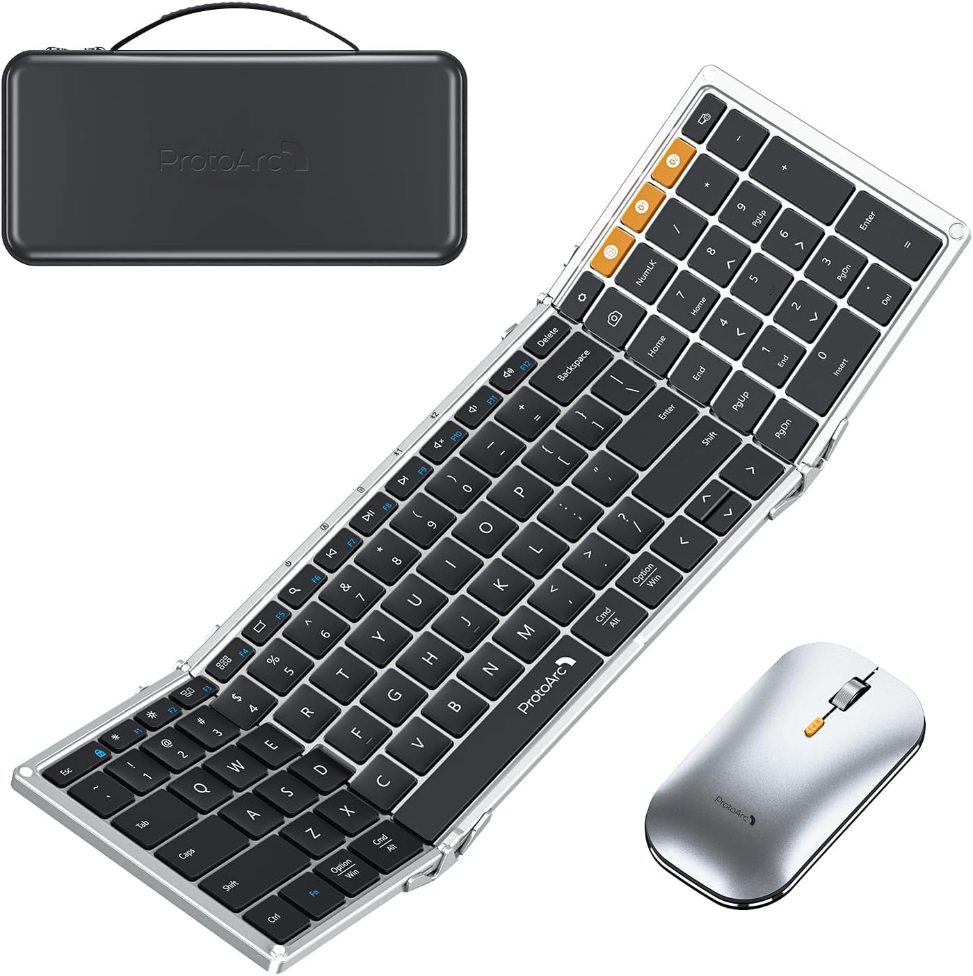 ProtoArc Foldable Keyboard and Mouse, XKM01 True Full-Size Folding Wireless Keyboard Mouse for Business Travel, a Portable Office Suite On-The-Go, Compatible with Laptop iPad Tablet - Black Silver