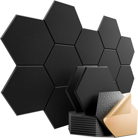 12 Pack Self-adhesive Acoustic Panels 12" X 10" X 0.4" - Sound Proof Foam Panels with High Density, Stylish Hexagonal Design, Flame Resistant, Absorb Noise and Eliminate Echoes(Black)