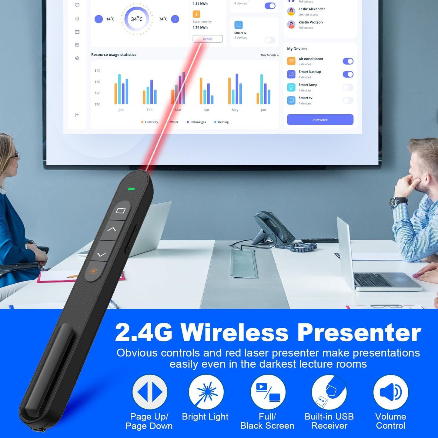 QUI Presentation Clicker for PowerPoint, RF 2.4GHz USB C Wireless Presenter Remote with Volume Control, PowerPoint Clicker Slide Advancer for Mac, Windows, Laptop, Keynote