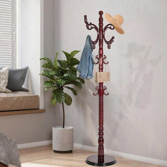 Wooden Coat Rack Freestanding with Resin Hooks, Adjustable Heavy Duty Stand for Hanging Coats, Bags, Hats, and Umbrellas in Living Room, Bedroom, Entryway (Rosewood color)