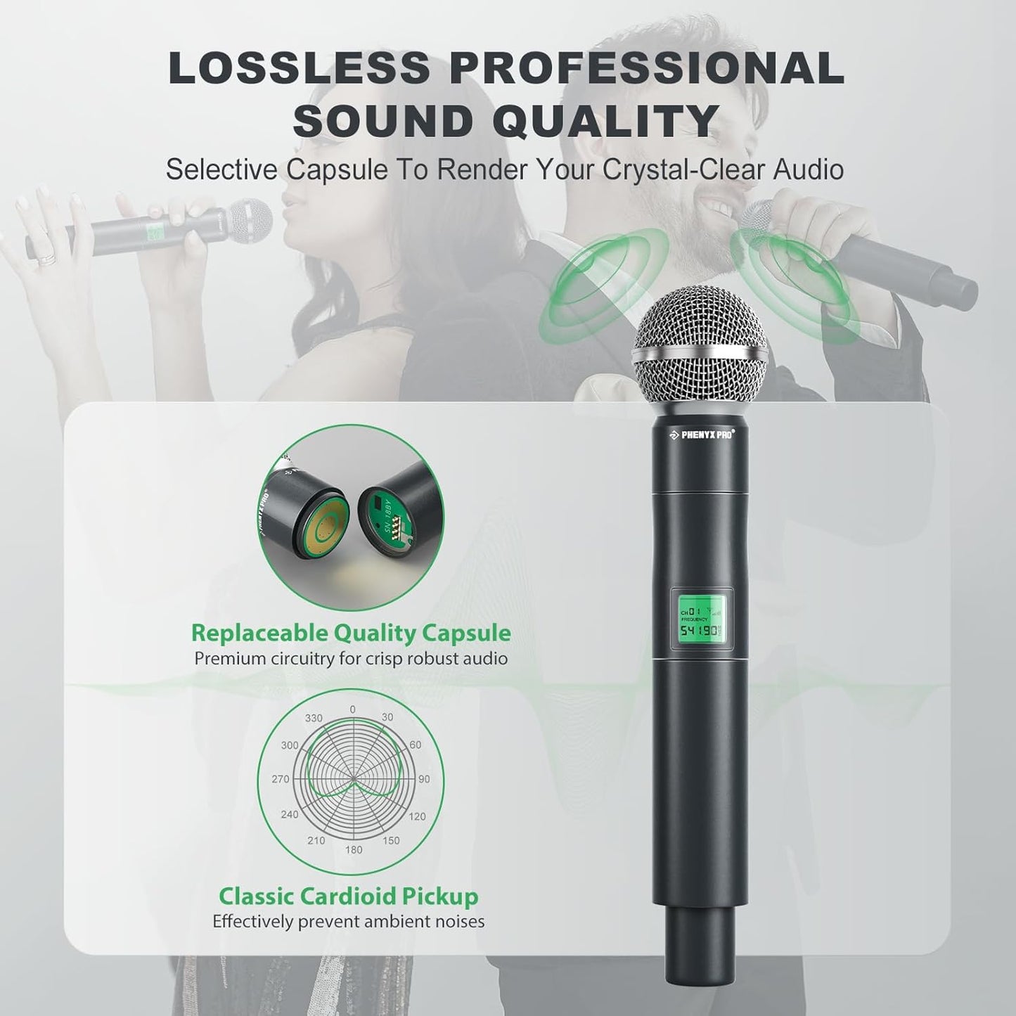 Phenyx Pro Wireless Microphone System, 8-Channel UHF Cordless Mic with Metal Handheld Wireless Mics, Fixed Frequency Dynamic Microphone for Karaoke,Church,Singing,DJ,260ft Range (PTU-4000-8H)