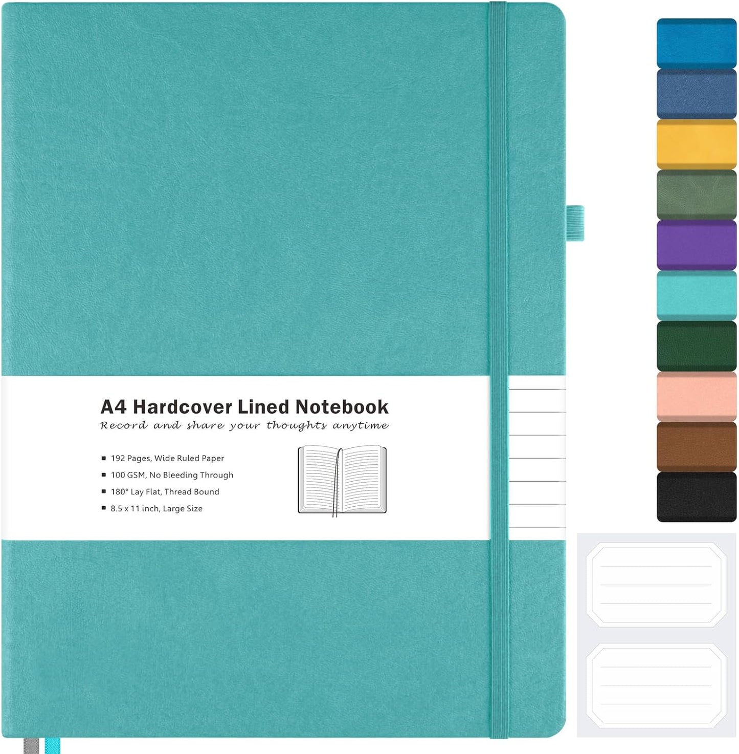 Lined Journal Notebook, 8.5" x 11" Hardcover Leather Notebook for Work, Wide Ruled Notebook Journal for Women Men, 192 Thick Paper, Lay Flat, 2 Pockets, A4 Large Journals for Writing Notebook, Teal