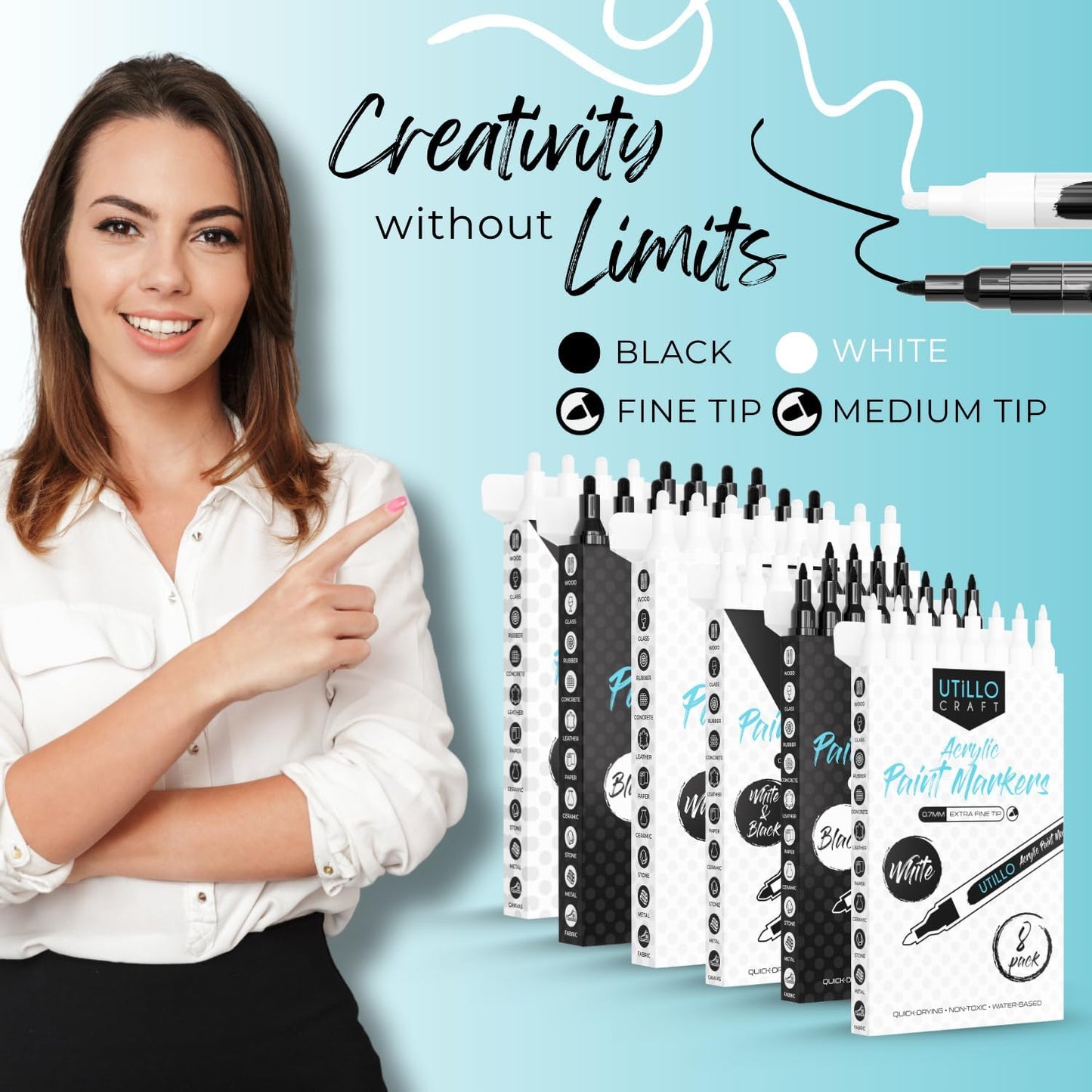 Utillo Craft White+Black Paint Pen (8-Pack) Medium Tip Made in Japan | Bold Color+100% Coverage | For Rock, Wood, Glass, Paper, Fabric, Canvas, Metal and More! | 2-3mm Paint Pens | Acrylic Paint Pens