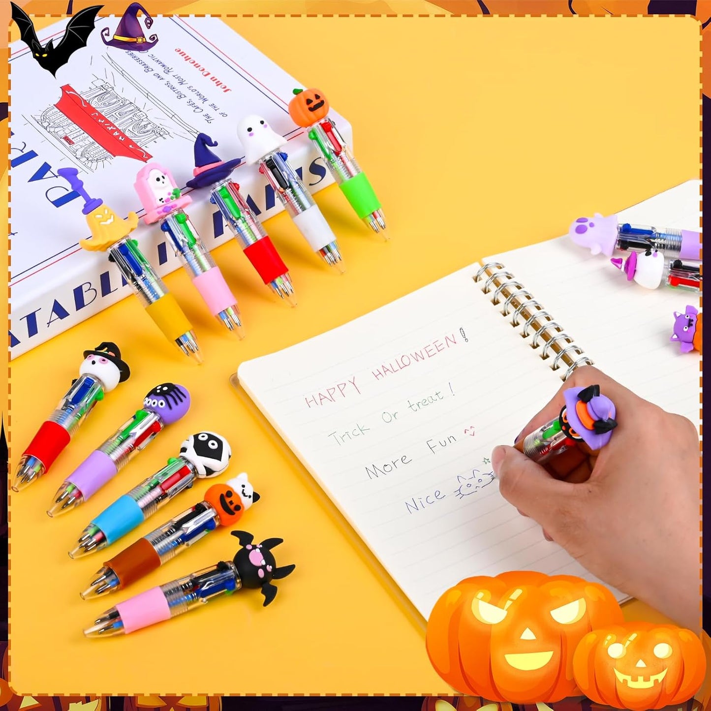 LiYiQ 50 Pcs Halloween Colorful Multicolor Pen in One Cartoon Cute Fun 4-in-1 Cute Pens Bulk Kawaii Pumpkin Ghost Bat Shape Cool Ballpoint Pens for Kids Fun Gifts