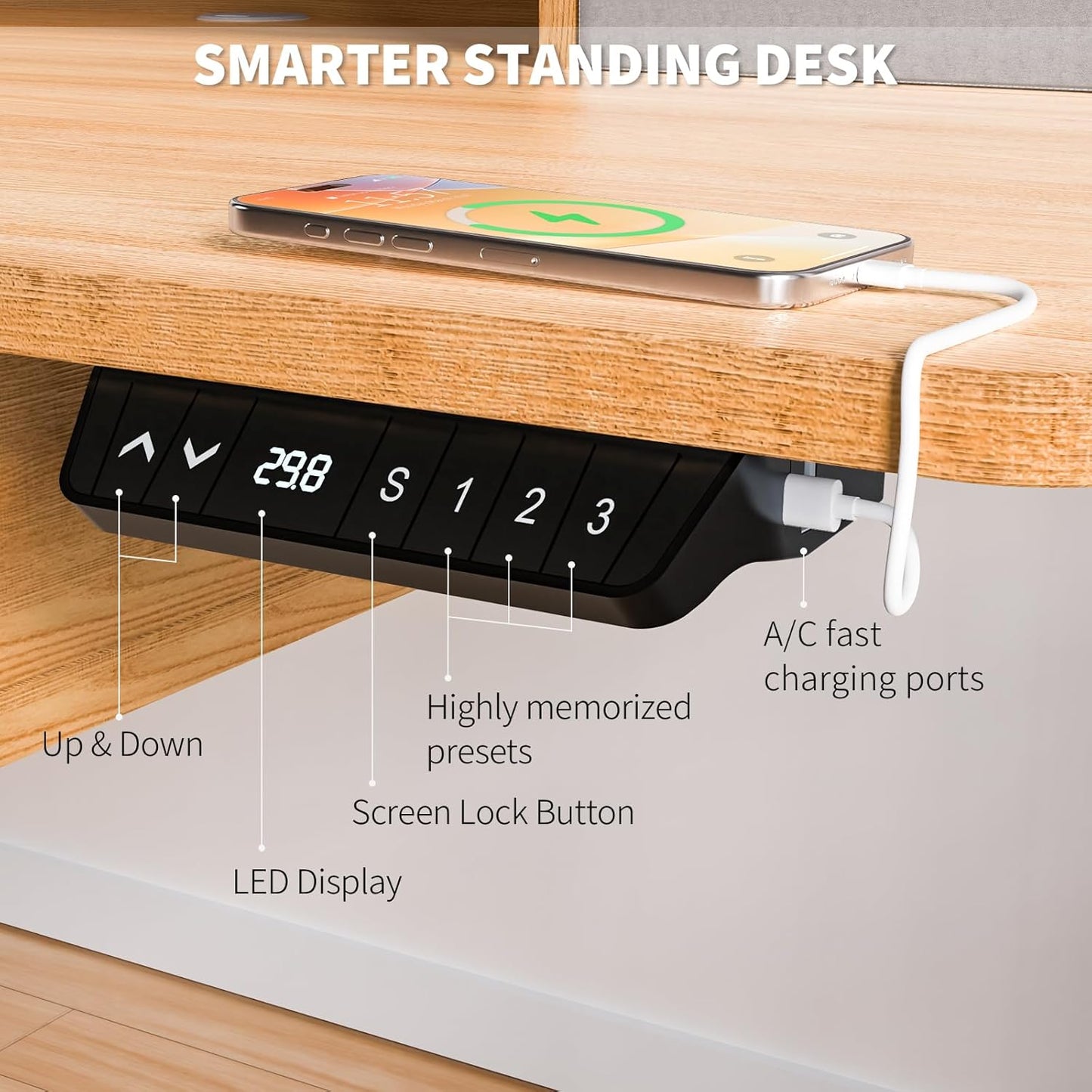 55 * 30 Inches Electric Standing Widened Desk Adjustable Height with 4 Drawers, Double Storage Shelves, Home Office Workstation Sit Stand up Desk (Nature)