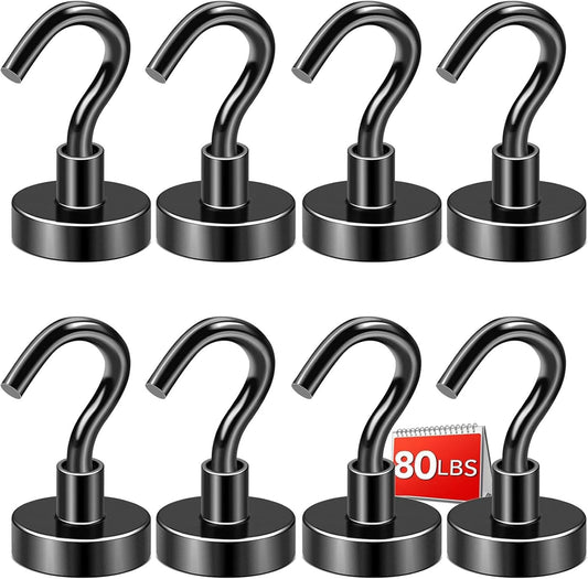 DIYMAG Black Magnetic Hooks, 80 LB Heavy Duty Strong Magnets with Hook, Rare Earth Neodymium Magnet for Cabins Cruise Ship Essentials 8 Packs
